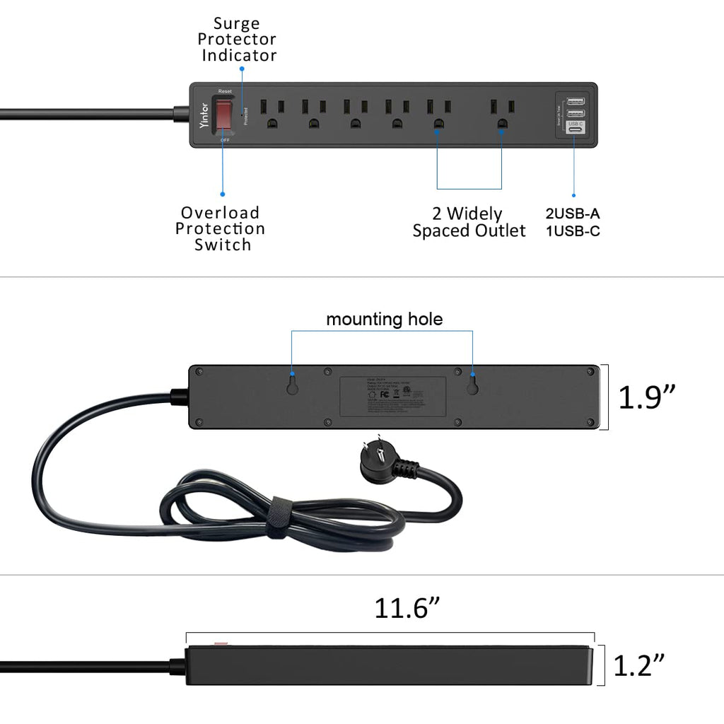 Yintar 6Ft Surge Protector Power Strip with 6 Outlets & 3 USB Ports, Black
