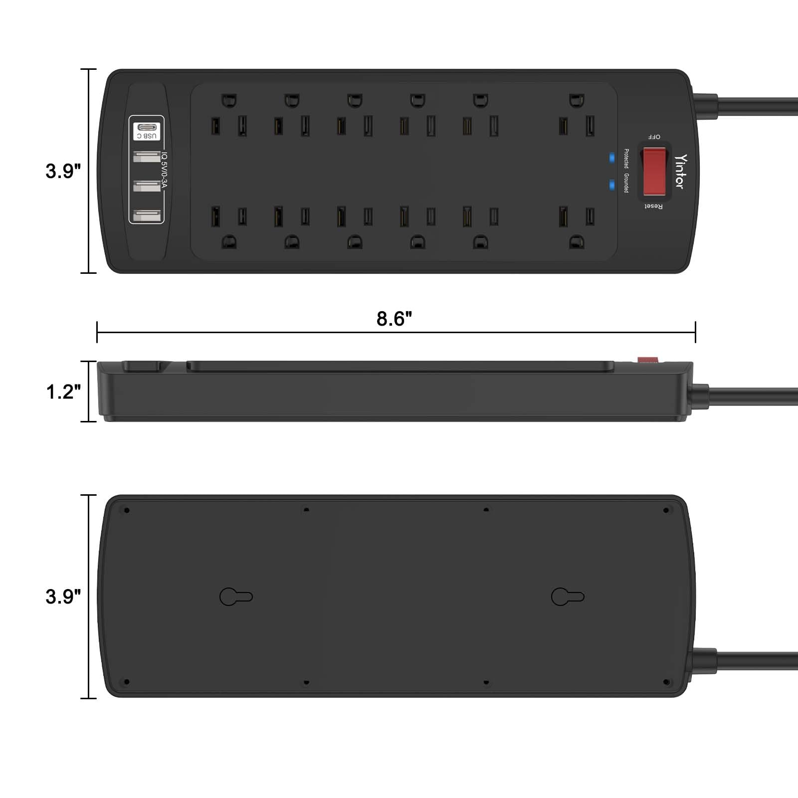 Yintar 6Ft Surge Protector Power Strip with 6 Outlets & 3 USB Ports, Black