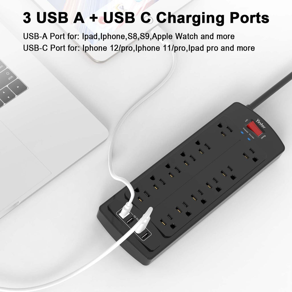 Yintar 6Ft Surge Protector Power Strip with 6 Outlets & 3 USB Ports, Black