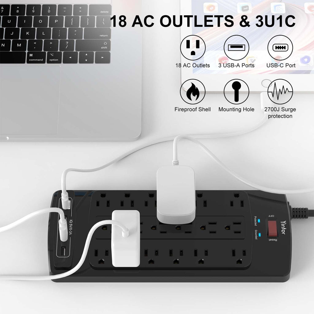 Yintar 6Ft Surge Protector Power Strip with 6 Outlets & 3 USB Ports, Black