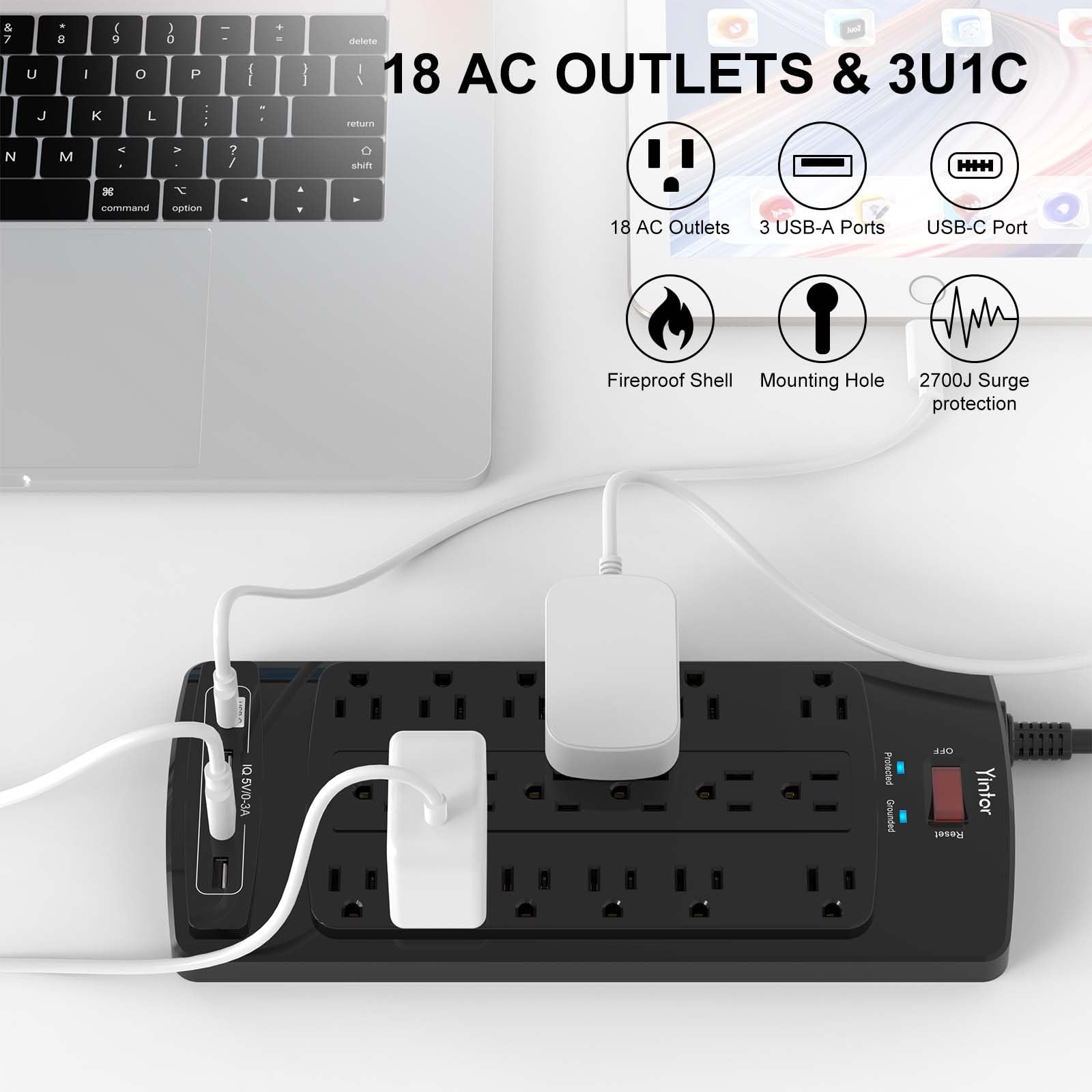 Yintar 6Ft Surge Protector Power Strip with 6 Outlets & 3 USB Ports, Black