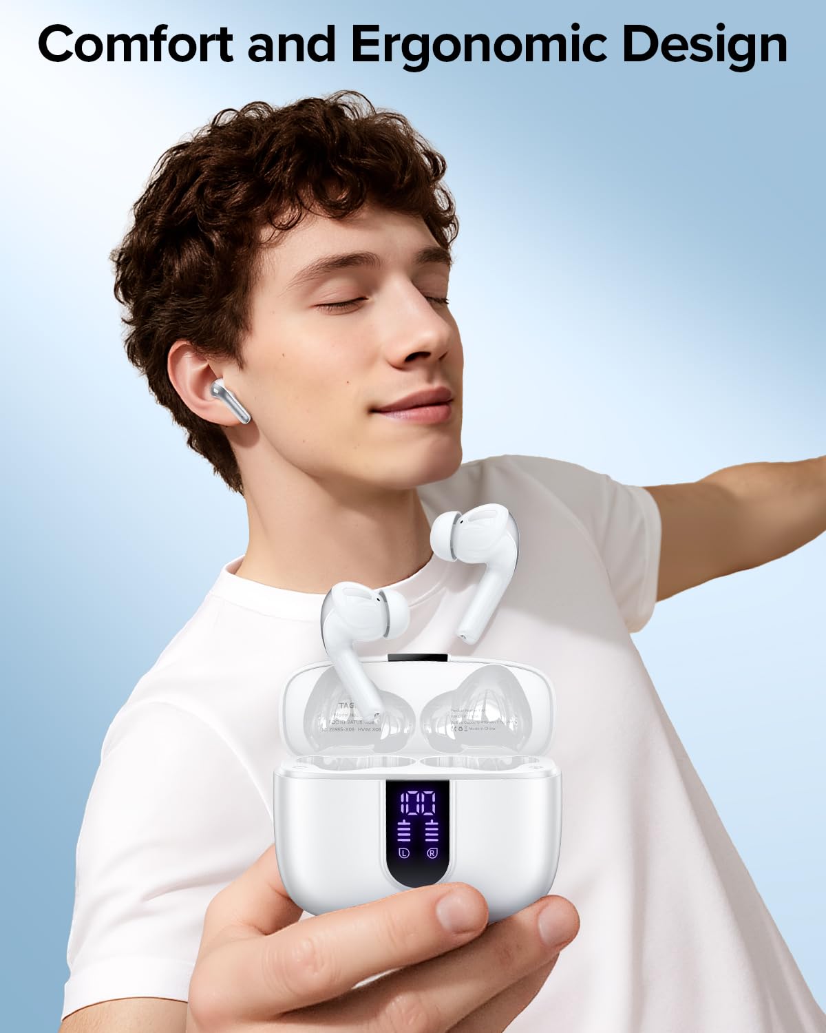 TAGRY Bluetooth Headphones True Wireless Earbuds 60H Playback LED Power Display Earphones with Wireless Charging Case IPX5 Waterproof in-Ear Ear buds with Mic for TV Smart Phone Laptop Computer Sports