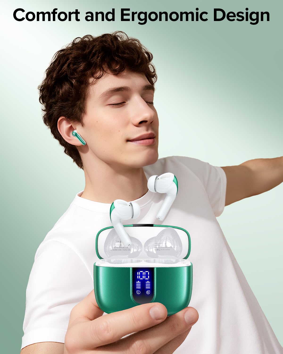 TAGRY Bluetooth Headphones True Wireless Earbuds 60H Playback LED Power Display Earphones with Wireless Charging Case IPX5 Waterproof in-Ear Ear buds with Mic for TV Smart Phone Laptop Computer Sports