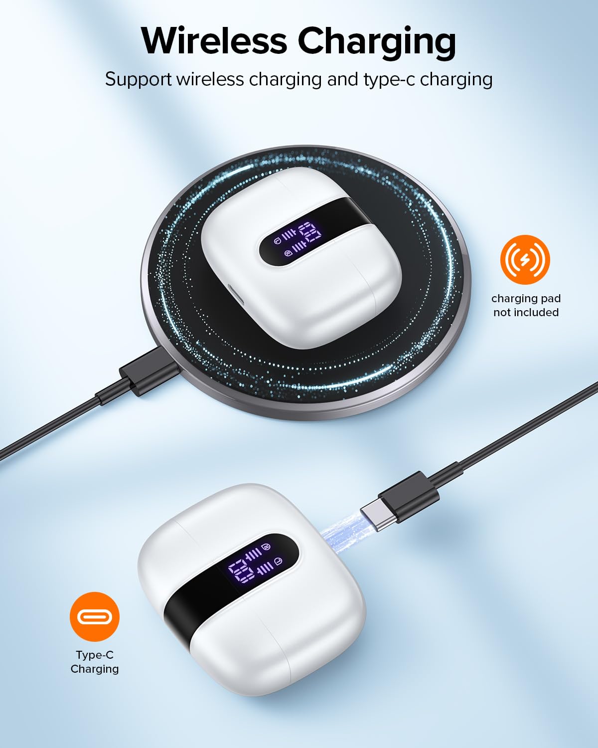 TAGRY Bluetooth Headphones True Wireless Earbuds 60H Playback LED Power Display Earphones with Wireless Charging Case IPX5 Waterproof in-Ear Ear buds with Mic for TV Smart Phone Laptop Computer Sports