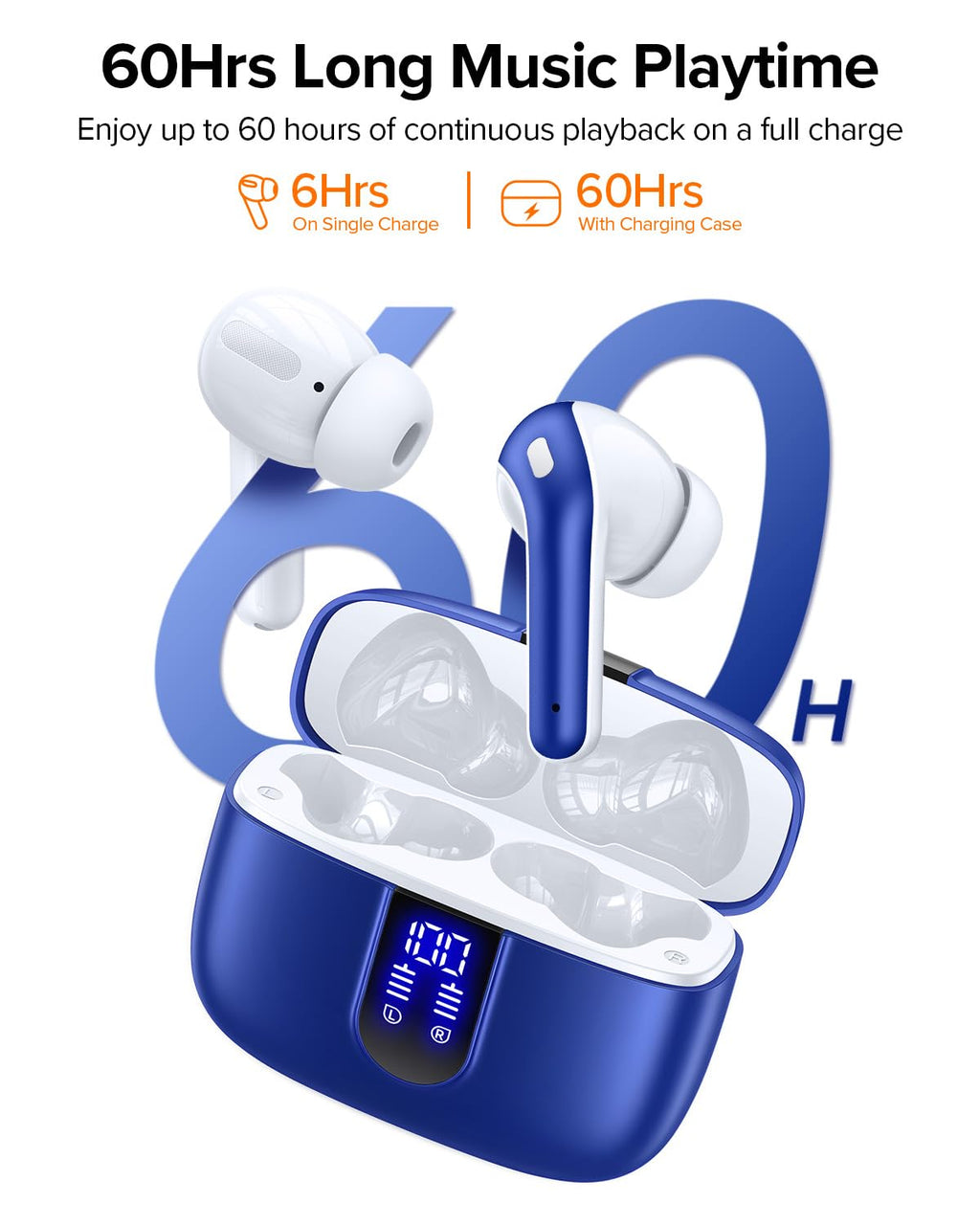 TAGRY Bluetooth Headphones True Wireless Earbuds 60H Playback LED Power Display Earphones with Wireless Charging Case IPX5 Waterproof in-Ear Ear buds with Mic for TV Smart Phone Laptop Computer Sports