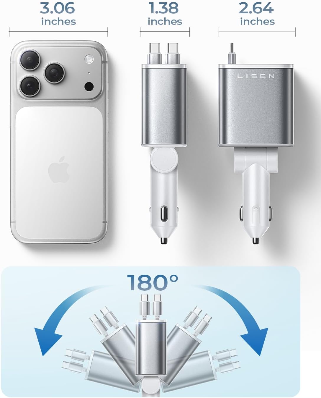 LISEN 72W Retractable Car Charger Ultra-Compact USBC Fast Car Charger