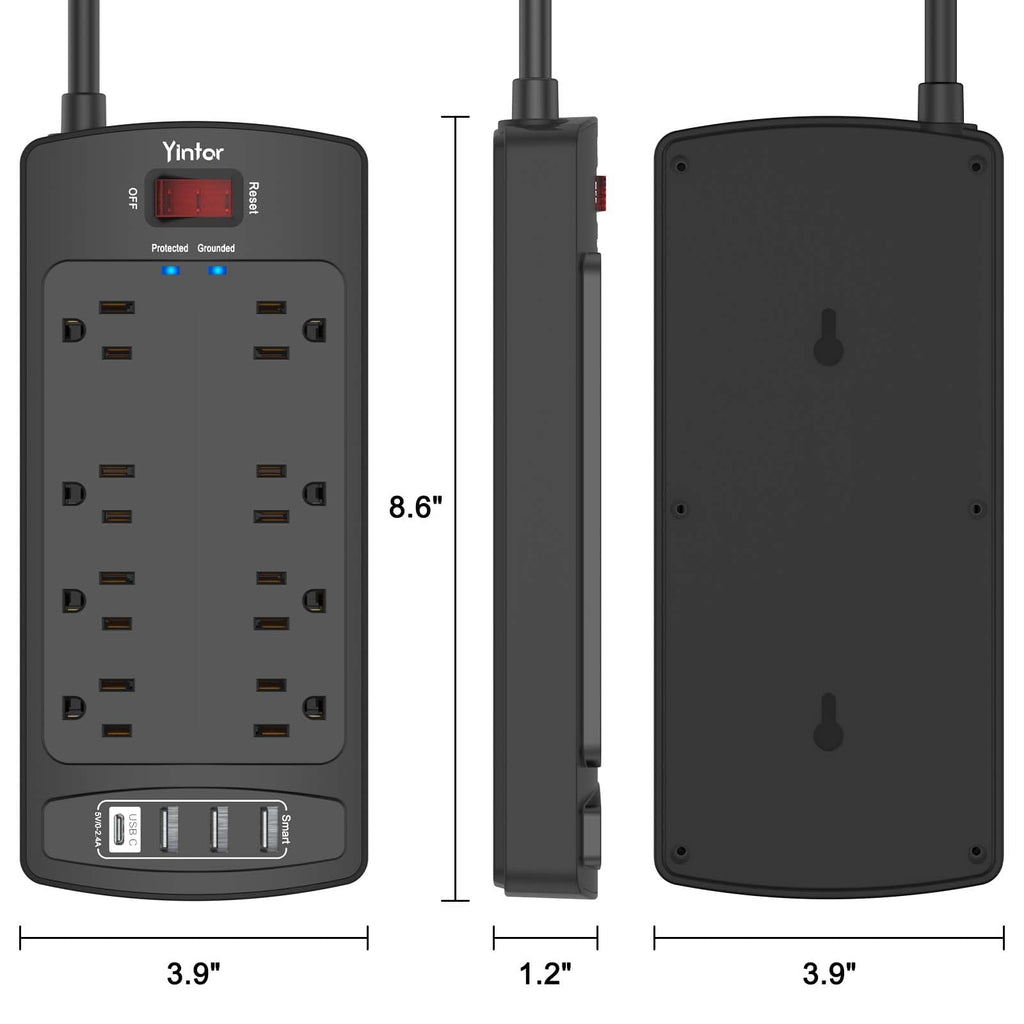 Yintar 6Ft Surge Protector Power Strip with 6 Outlets & 3 USB Ports, Black