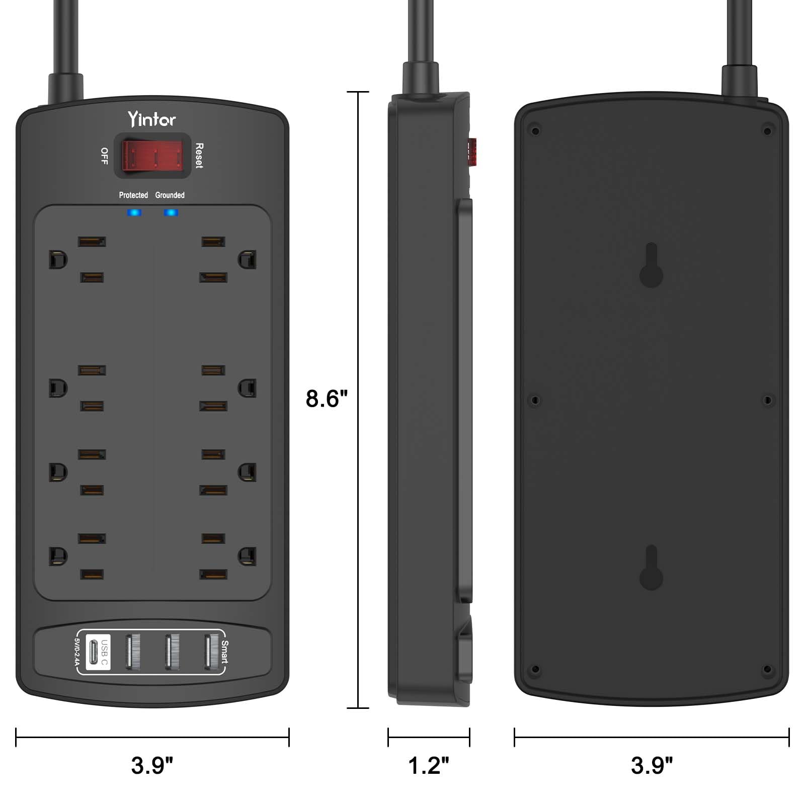 Yintar 6Ft Surge Protector Power Strip with 6 Outlets & 3 USB Ports, Black