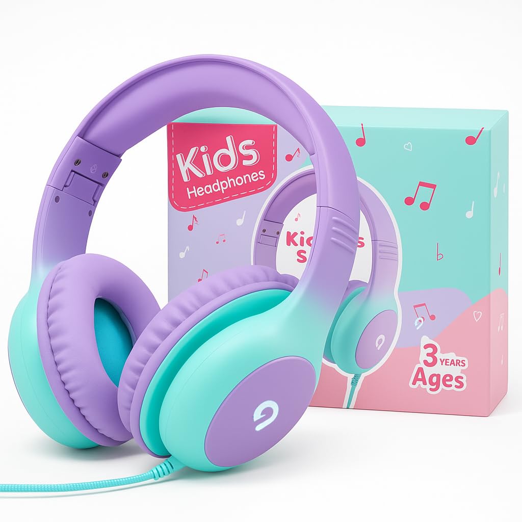 ADOOPE Wired Kids Headphones with USB C Plug, 85dB Safe Volume, Adjustable Headband, Tangle-Free Cord Headphones for School, Tablet, Travel (Light Purple & Pink, Without Microphone)