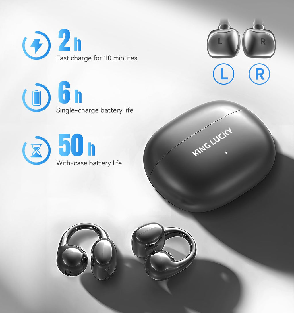 King Lucky Clip-On Earbuds Gen 3, Open-Ear Wireless Bluetooth 6.0 Headphones with Mic, Secure Fit for Small Ears & Glasses Wearers, 50H Playtime, LED Digital Display, ENC, IPX5 Waterproof (Purple)