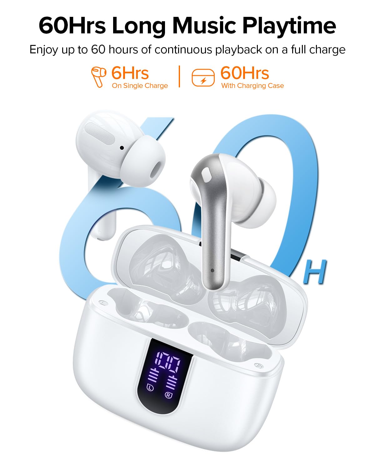 TAGRY Bluetooth Headphones True Wireless Earbuds 60H Playback LED Power Display Earphones with Wireless Charging Case IPX5 Waterproof in-Ear Ear buds with Mic for TV Smart Phone Laptop Computer Sports