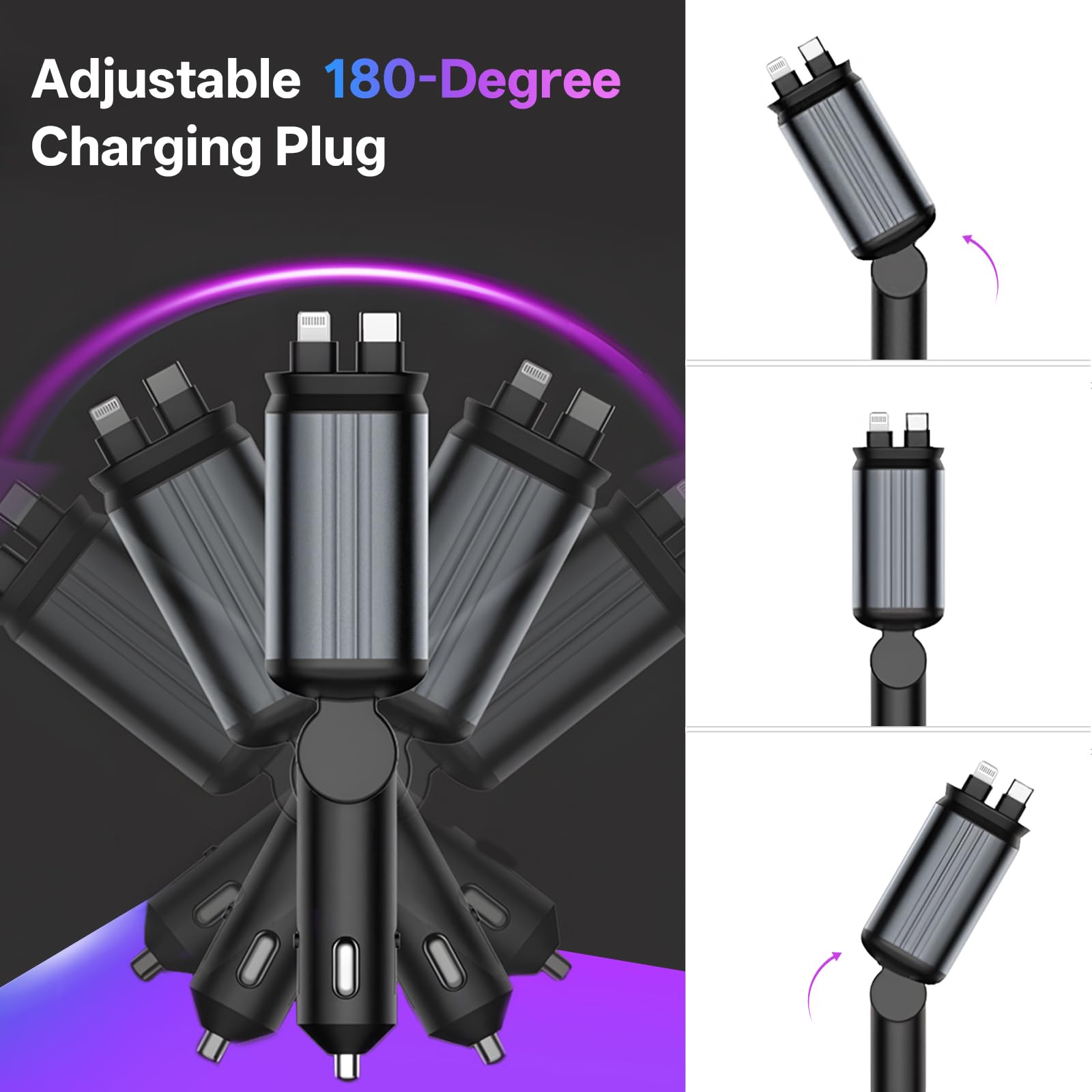 Retractable Car Charger,4 in 1 Fast Charging Car Charger with USB-C & USB-A
