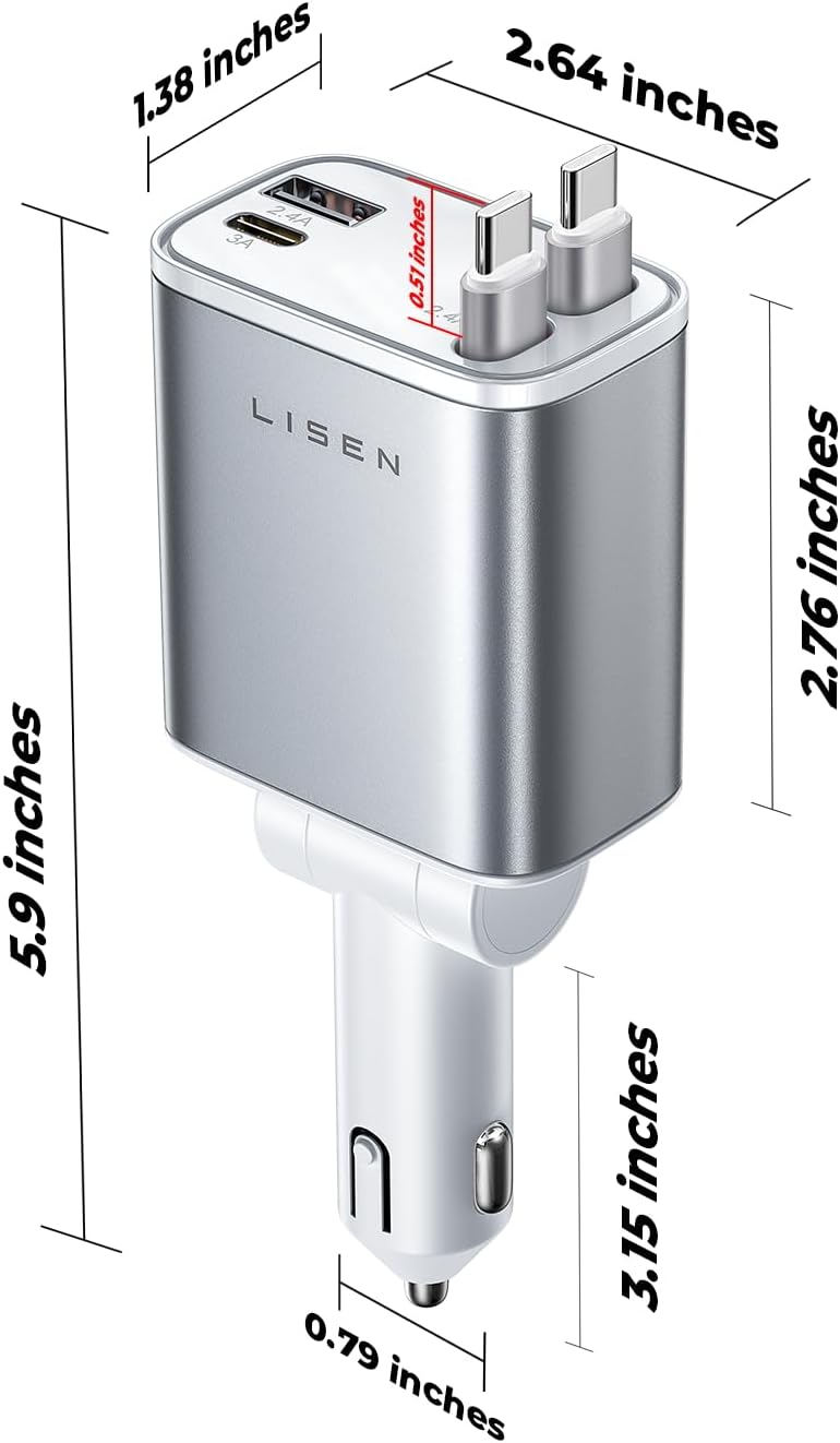 LISEN 72W Retractable Car Charger Ultra-Compact USBC Fast Car Charger