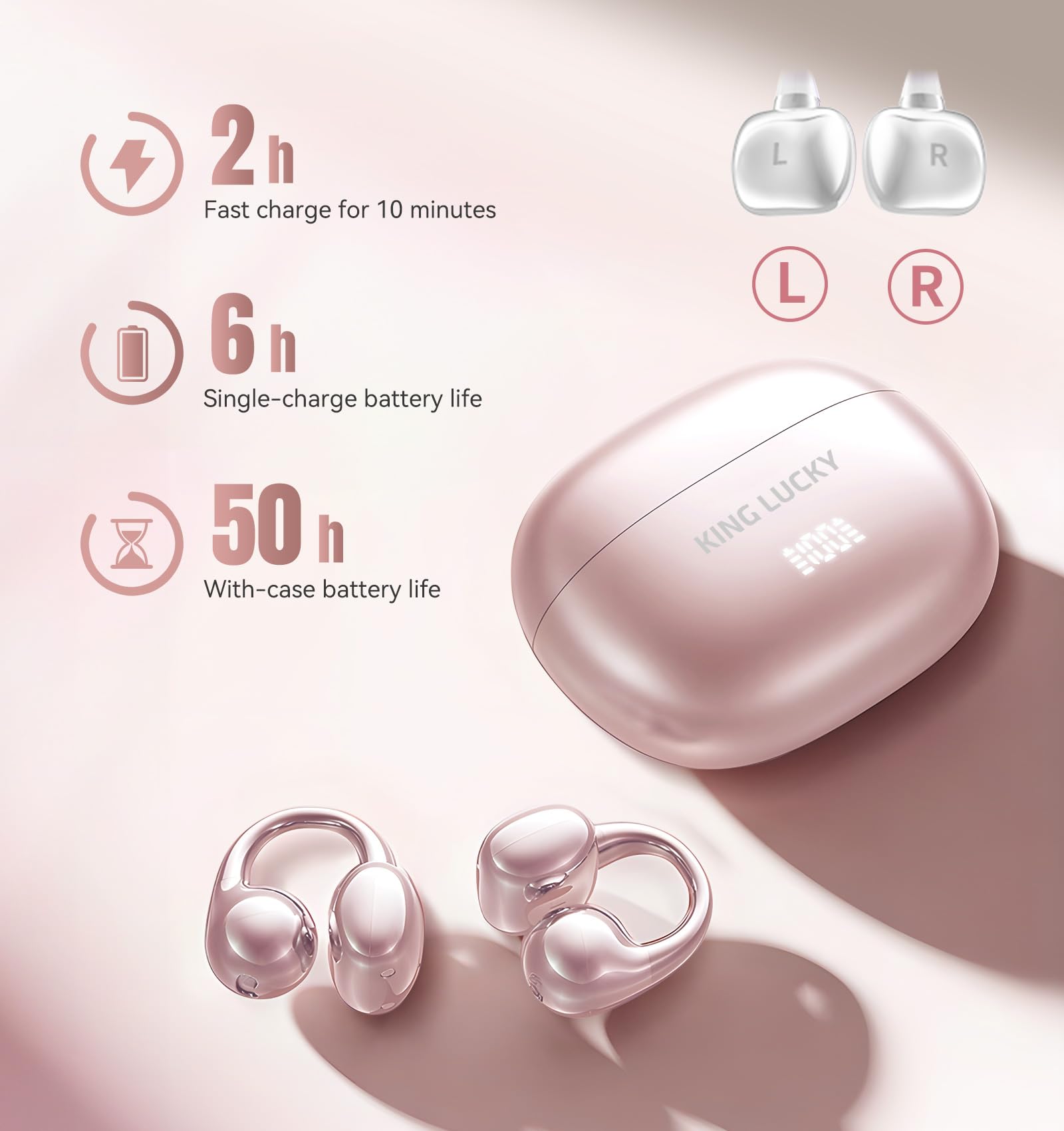 King Lucky Clip-On Earbuds Gen 3, Open-Ear Wireless Bluetooth 6.0 Headphones with Mic, Secure Fit for Small Ears & Glasses Wearers, 50H Playtime, LED Digital Display, ENC, IPX5 Waterproof (Purple)