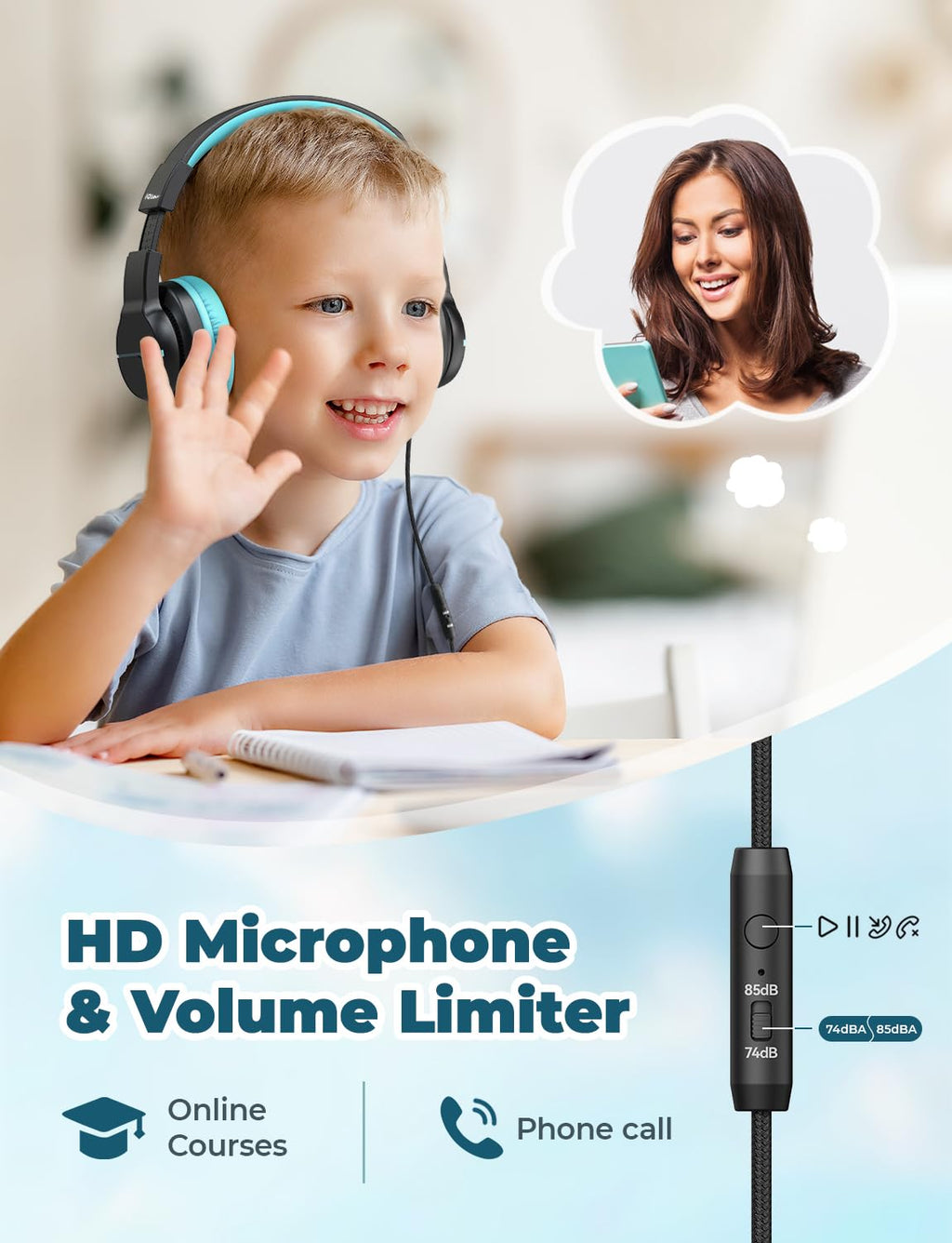 iClever HS19 Kids Headphones for School, Over-Ear for Toddler Boys Girls