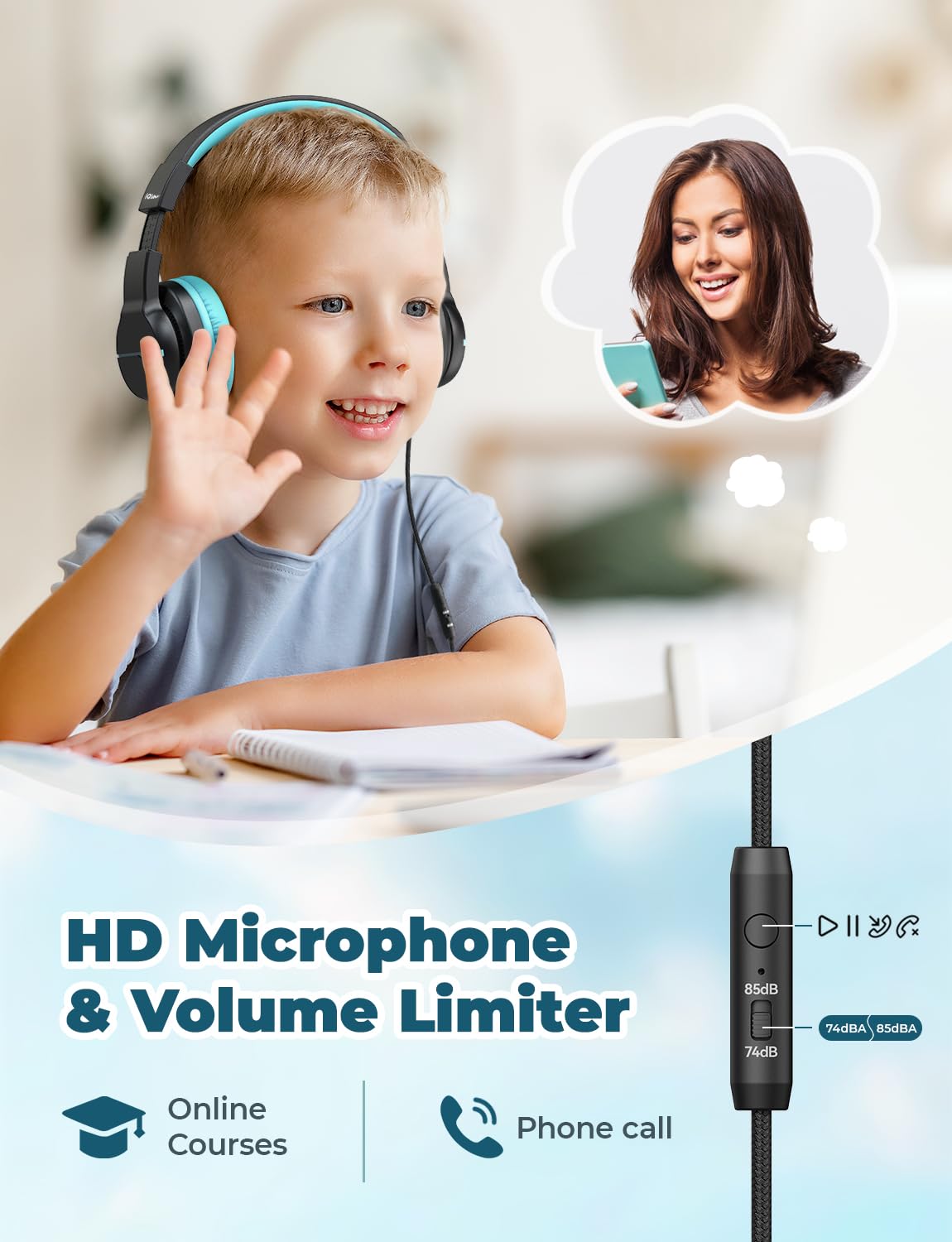 iClever HS19 Kids Headphones for School, Over-Ear for Toddler Boys Girls
