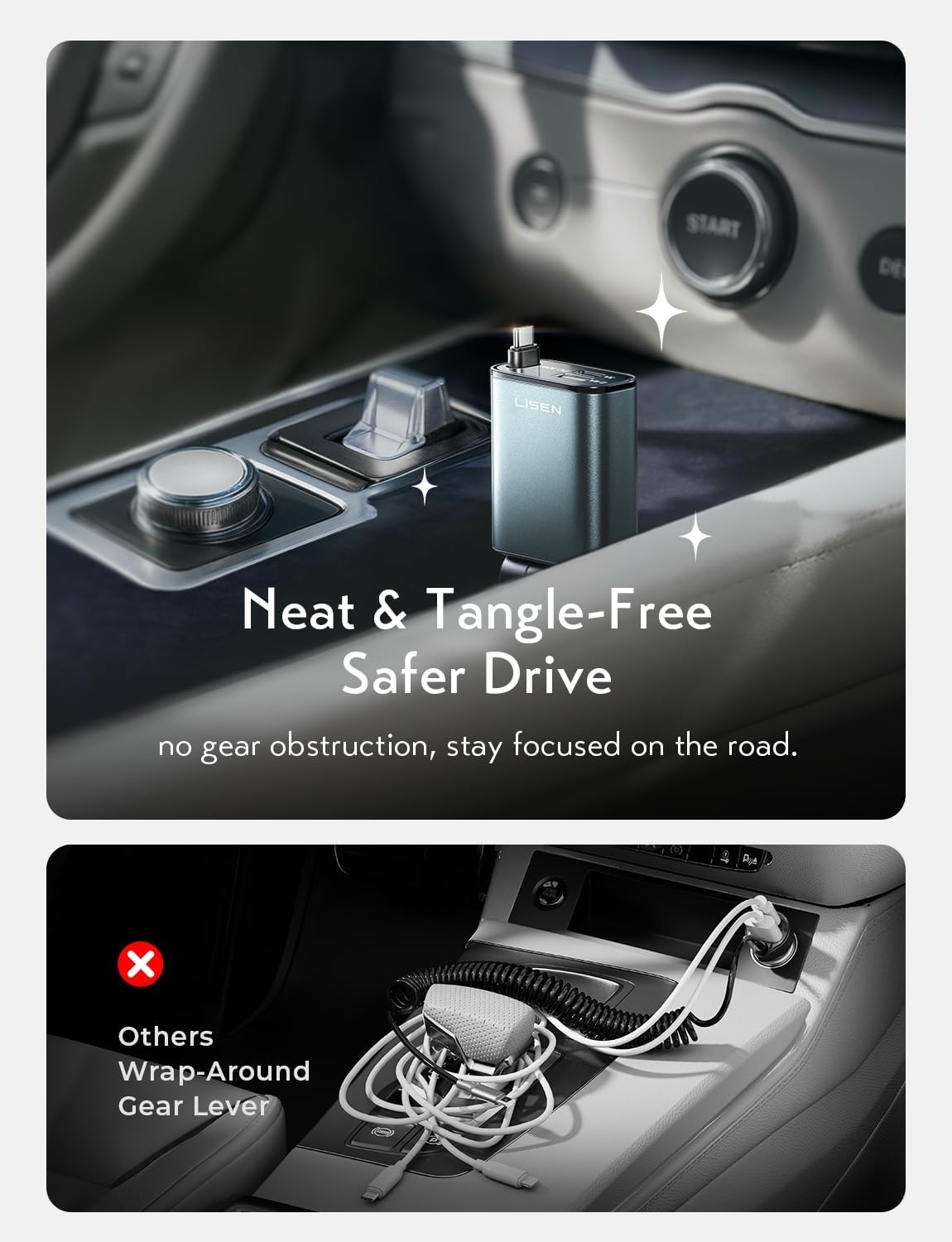 LISEN 72W Retractable Car Charger Ultra-Compact USBC Fast Car Charger