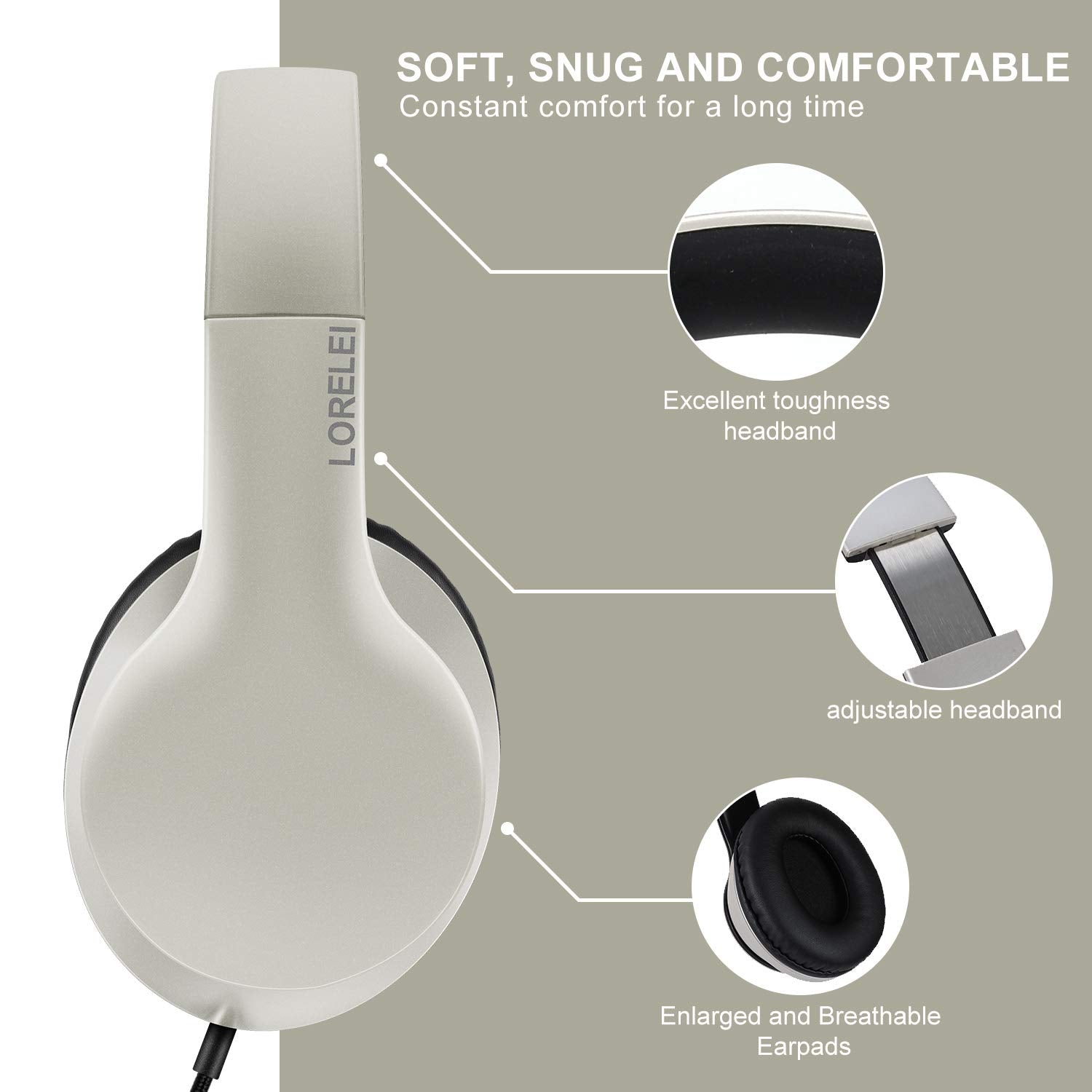 LORELEI X6 Over-Ear Wired Stereo Bass Headphones with Microphone, Lightweight, Foldable & Portable with 1.45M No-Tangle for Smartphone, Tablet, MP3/4, Space Black