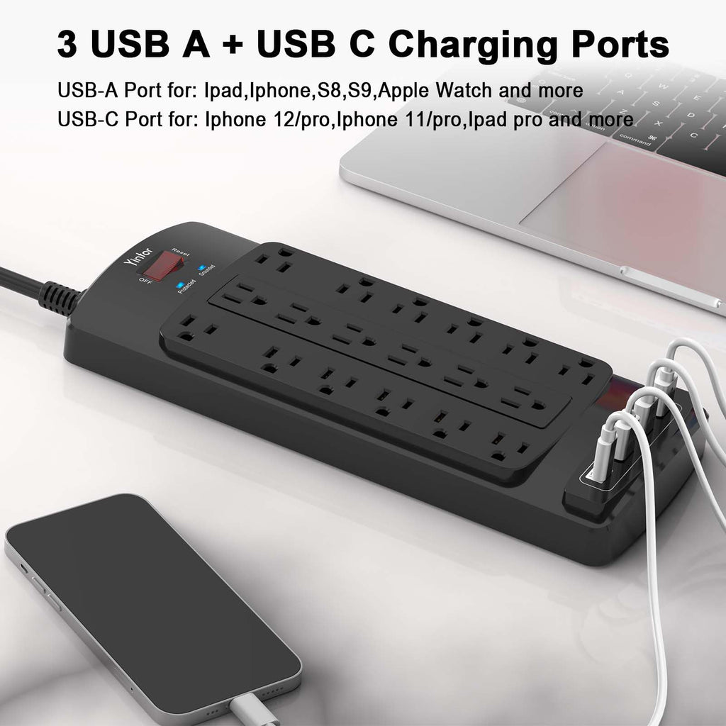 Yintar 6Ft Surge Protector Power Strip with 6 Outlets & 3 USB Ports, Black