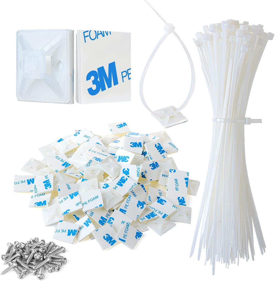 3/4" Strong Back-Glue Self Adhesive White Cable Zip Tie Mounts 100pcs with 8" Ties, Screws, Outdoor Sticky Wire Fasteners Cable Clips Management Anchors Organizer Holders Squares