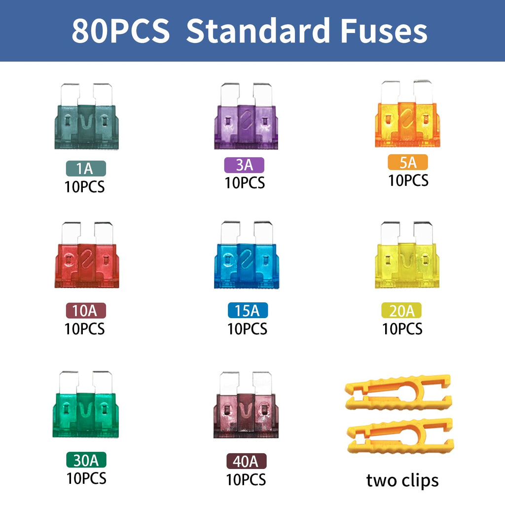 ZIPCCI 80 Pcs Mini Car Fuse, Fuses Assortment kit(1A/3A/5A/10A/15A/20A/30A/40AMP) Automotive Blade Fuse for RV, Truck, Marine, Auto Accessories