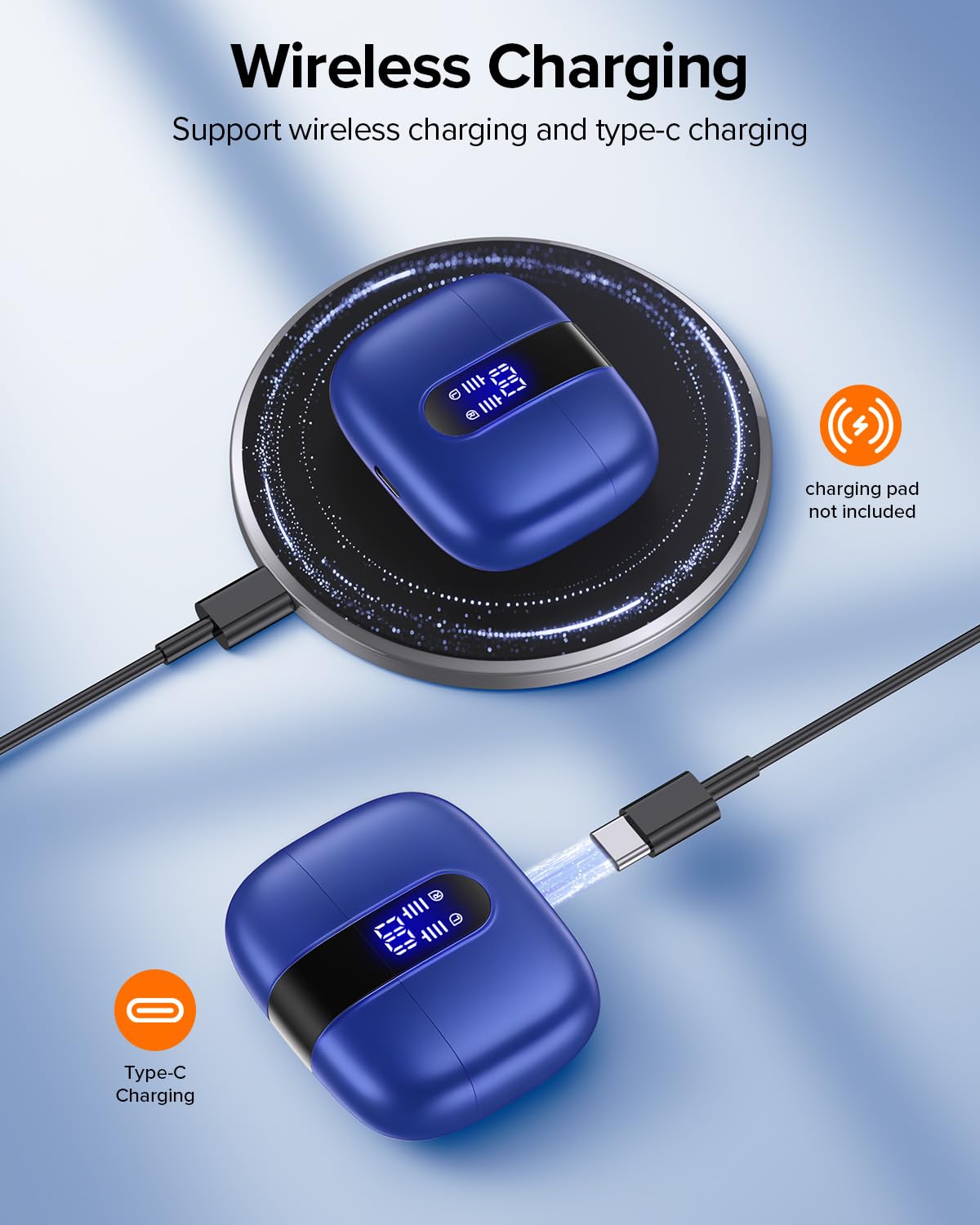 TAGRY Bluetooth Headphones True Wireless Earbuds 60H Playback LED Power Display Earphones with Wireless Charging Case IPX5 Waterproof in-Ear Ear buds with Mic for TV Smart Phone Laptop Computer Sports
