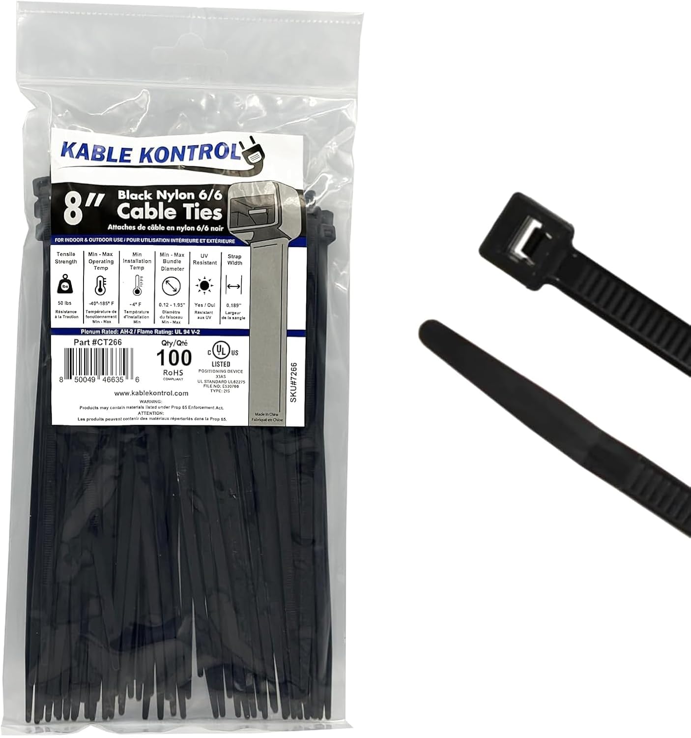 Kable Kontrol Cable Zip Ties, 8 Inch, 100 Pcs, 50lbs Test, Black