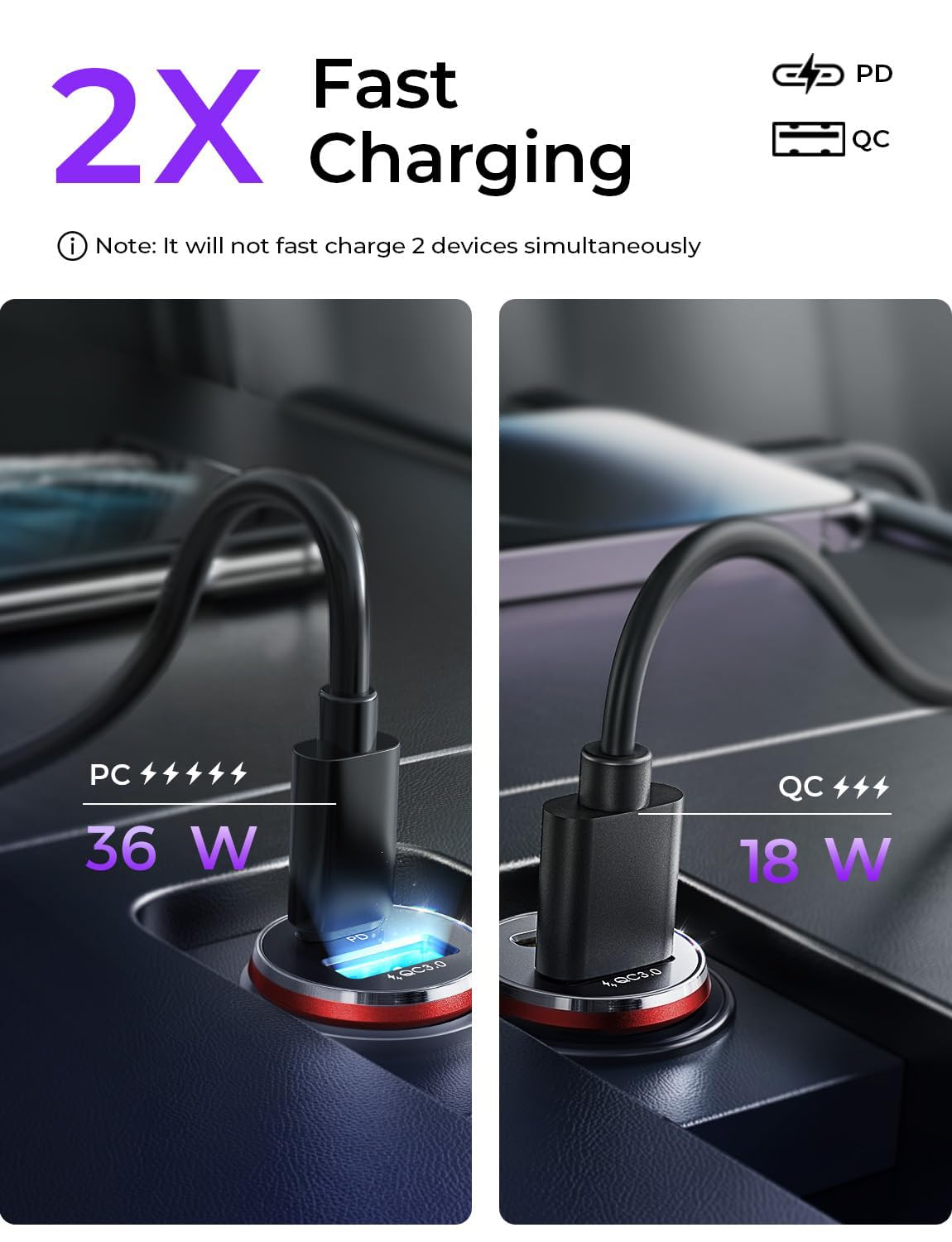 LISEN Car Charger USB C, 69W Cigarette Lighter USB Charger Adapter, 2 Pack
