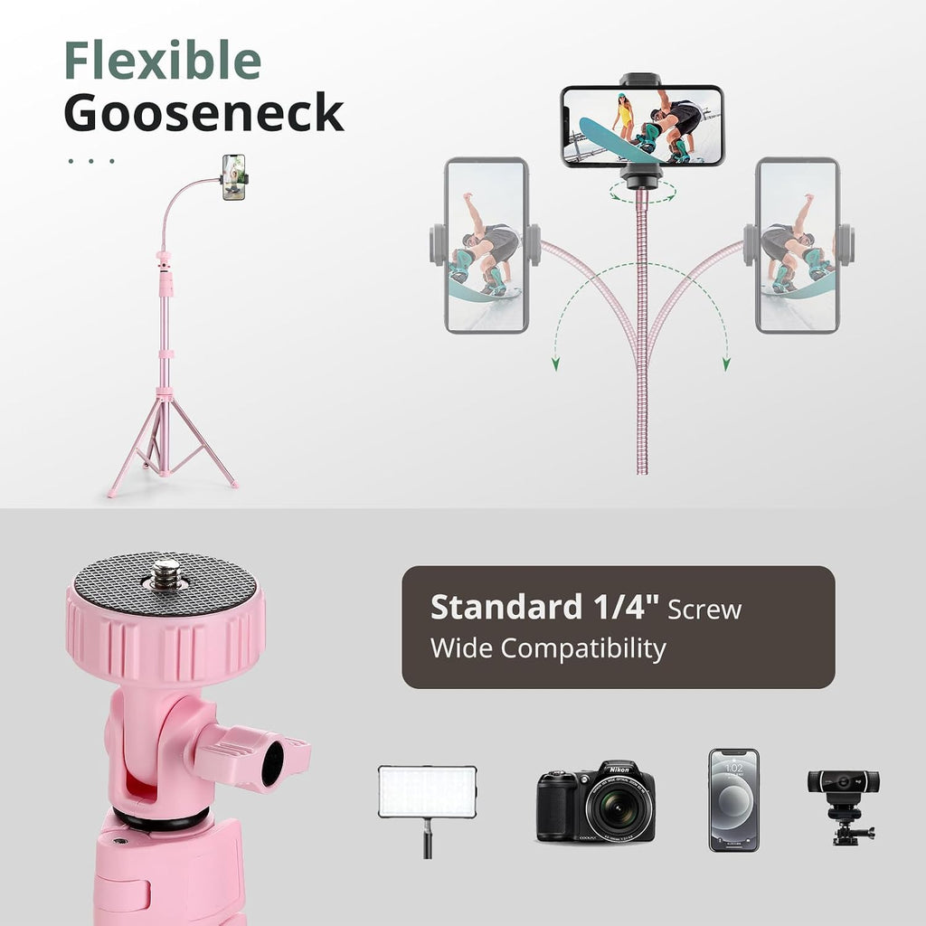 SENSYNE 72" Phone Tripod & Selfie Stick, Extendable Cell Phone Tripod Stand with Wireless Remote and Phone Holder, Compatible with iPhone Android Phone, Camera, Pink