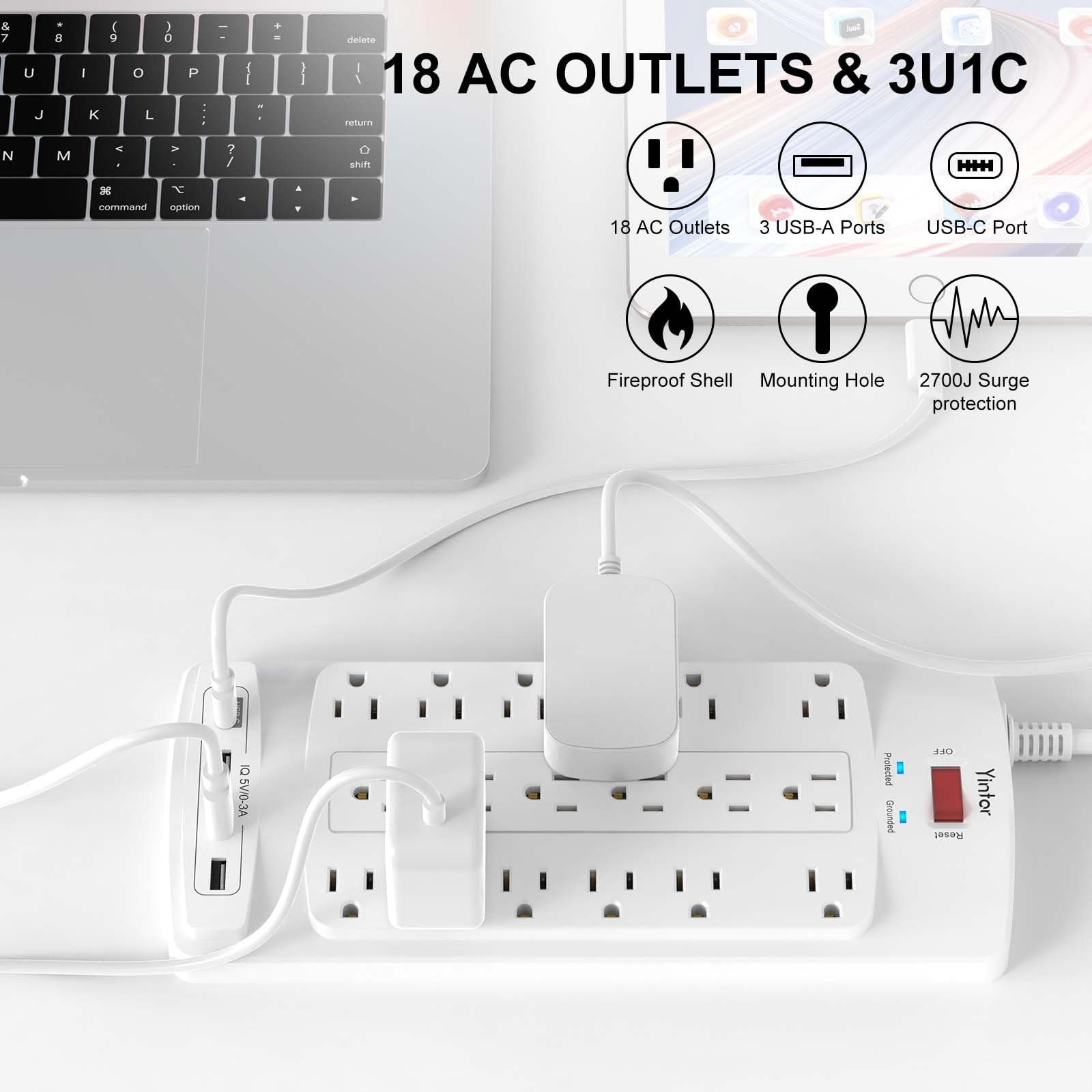 Yintar 6Ft Surge Protector Power Strip with 6 Outlets & 3 USB Ports, Black