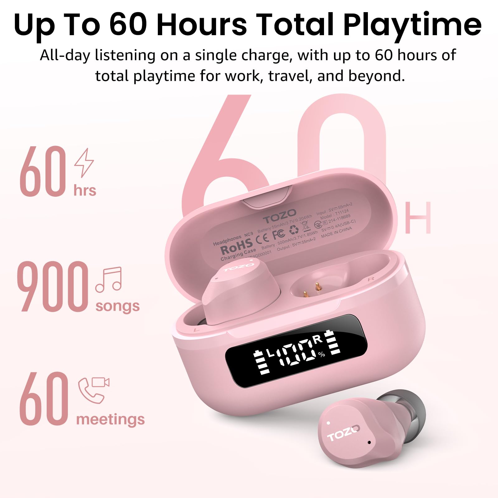 TOZO NC9 Hybrid Active Noise Cancelling Wireless Earbuds, 60H, LED Display