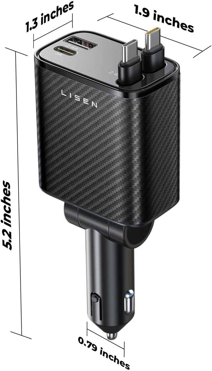 LISEN 72W Retractable Car Charger Ultra-Compact USBC Fast Car Charger