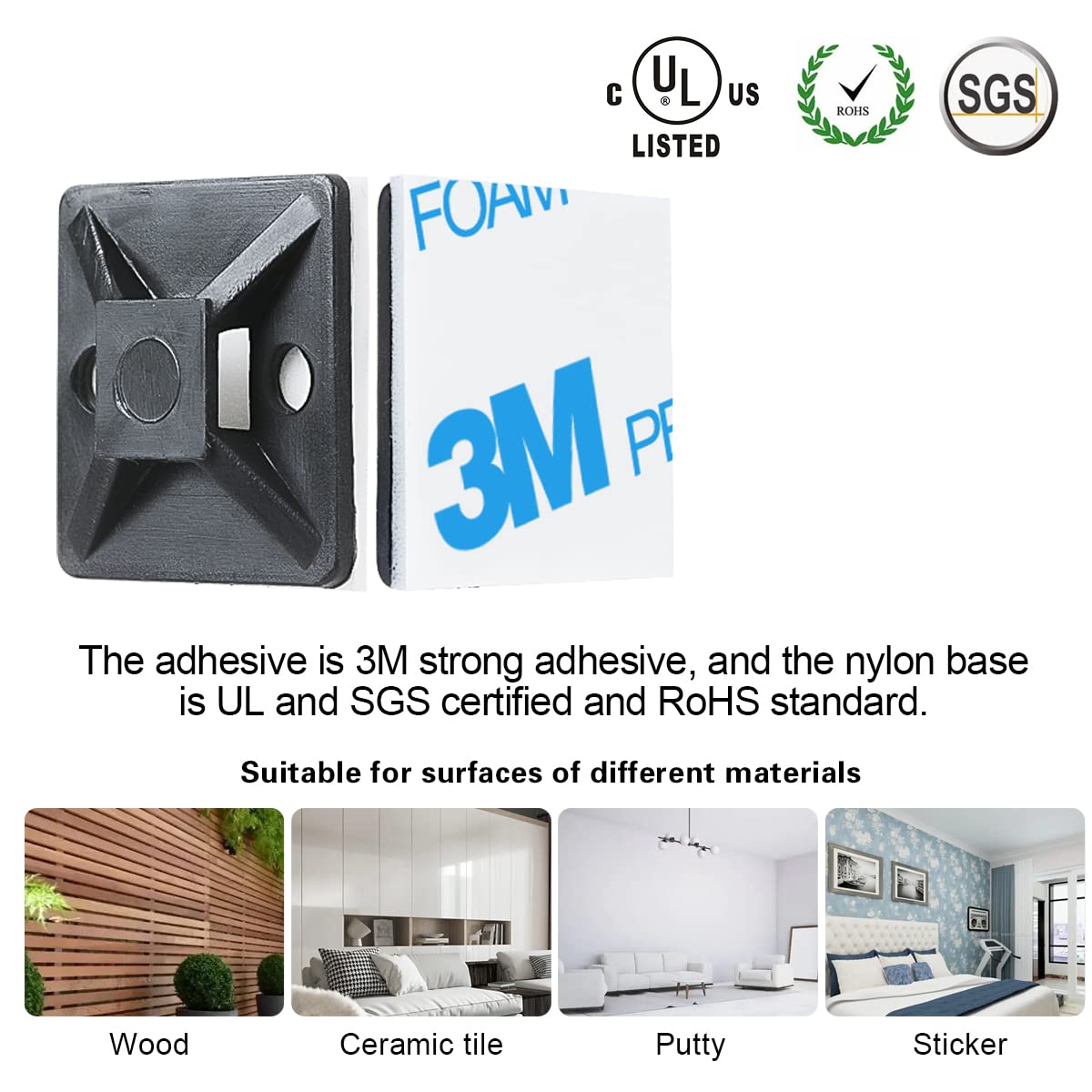 3/4" Strong Back-Glue Self Adhesive White Cable Zip Tie Mounts 100pcs with 8" Ties, Screws, Outdoor Sticky Wire Fasteners Cable Clips Management Anchors Organizer Holders Squares