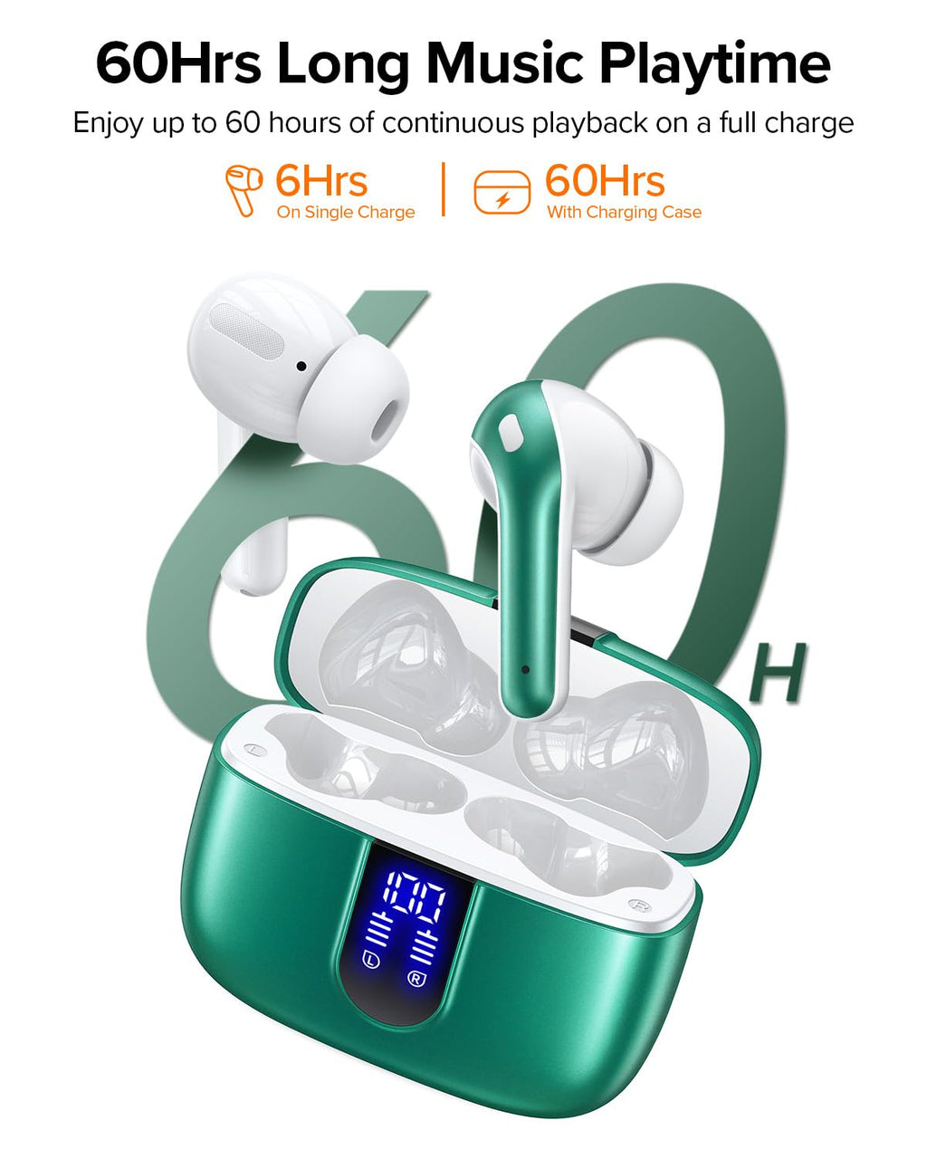 TAGRY Bluetooth Headphones True Wireless Earbuds 60H Playback LED Power Display Earphones with Wireless Charging Case IPX5 Waterproof in-Ear Ear buds with Mic for TV Smart Phone Laptop Computer Sports