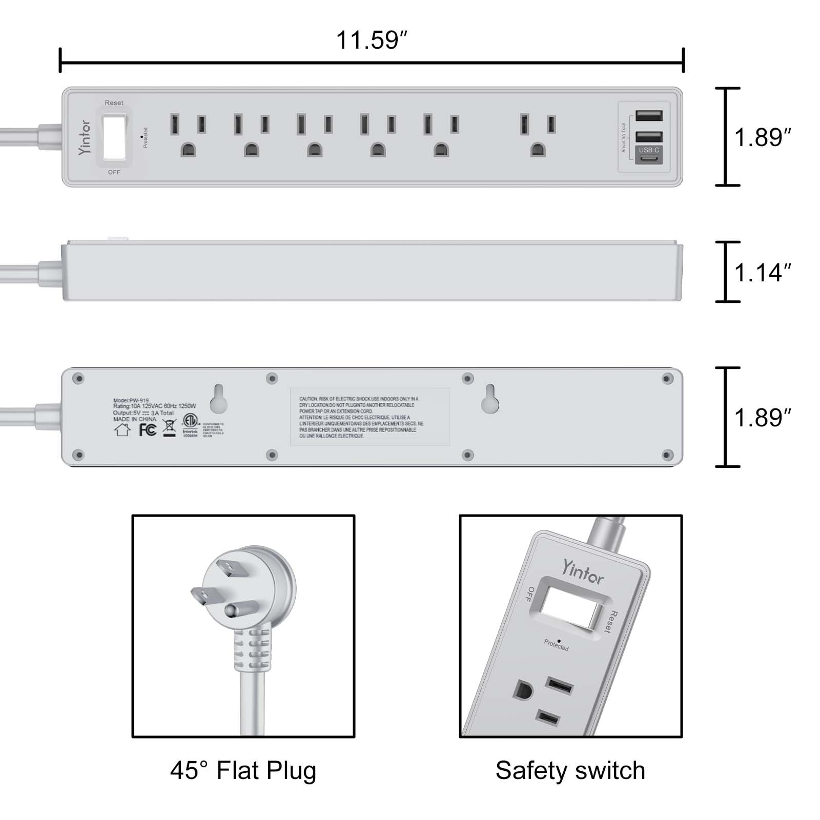Yintar 6Ft Surge Protector Power Strip with 6 Outlets & 3 USB Ports, Black