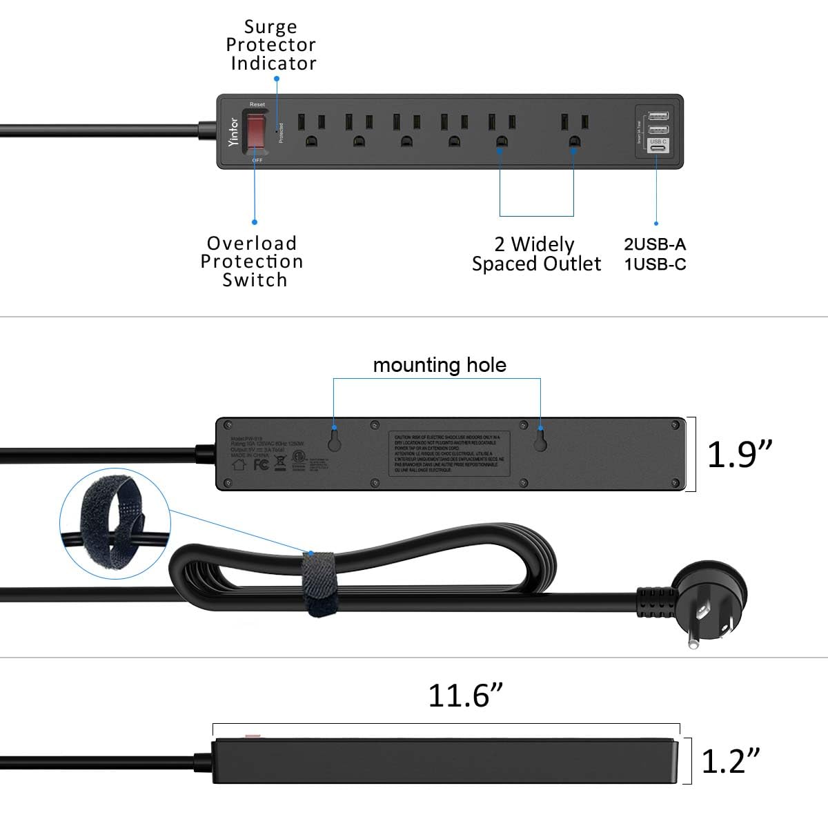 Yintar 6Ft Surge Protector Power Strip with 6 Outlets & 3 USB Ports, Black