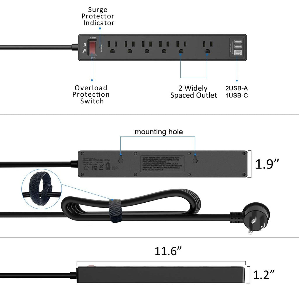 Yintar 6Ft Surge Protector Power Strip with 6 Outlets & 3 USB Ports, Black