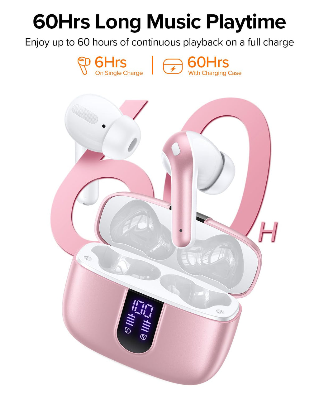 TAGRY Bluetooth Headphones True Wireless Earbuds 60H Playback LED Power Display Earphones with Wireless Charging Case IPX5 Waterproof in-Ear Ear buds with Mic for TV Smart Phone Laptop Computer Sports