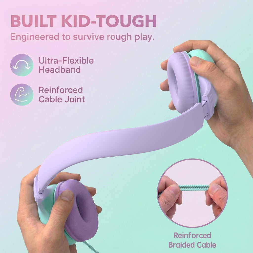 ADOOPE Wired Kids Headphones with USB C Plug, 85dB Safe Volume, Adjustable Headband, Tangle-Free Cord Headphones for School, Tablet, Travel (Light Purple & Pink, Without Microphone)
