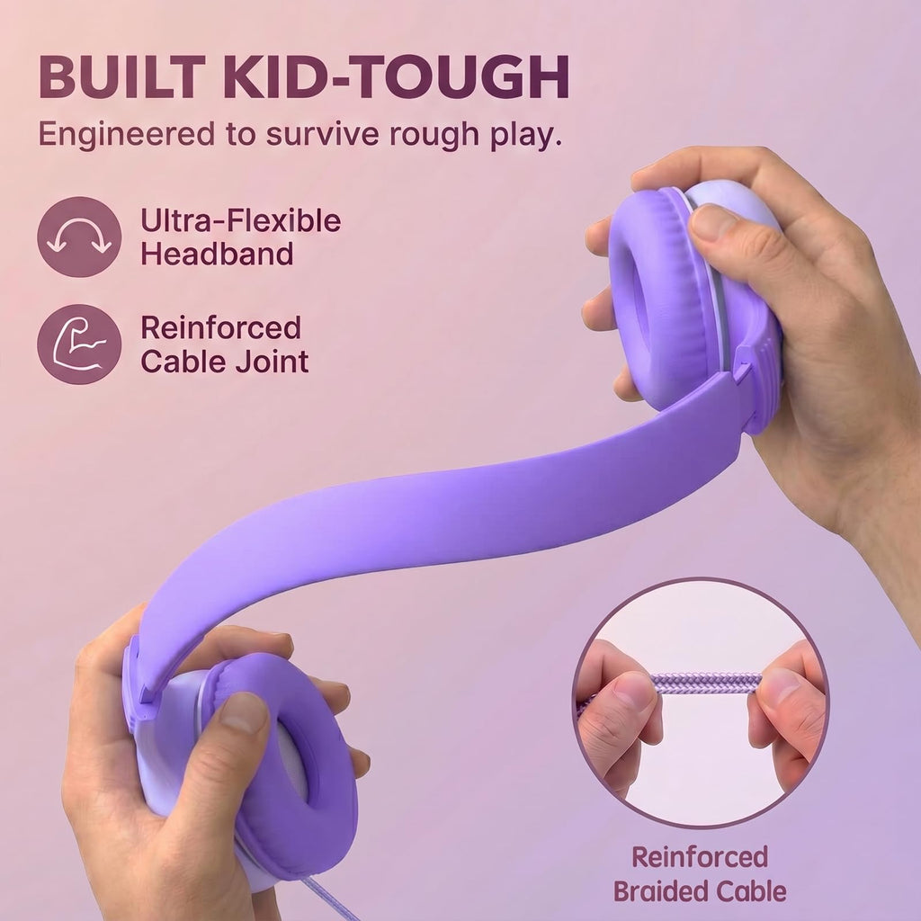 ADOOPE Wired Kids Headphones with USB C Plug, 85dB Safe Volume, Adjustable Headband, Tangle-Free Cord Headphones for School, Tablet, Travel (Light Purple & Pink, Without Microphone)