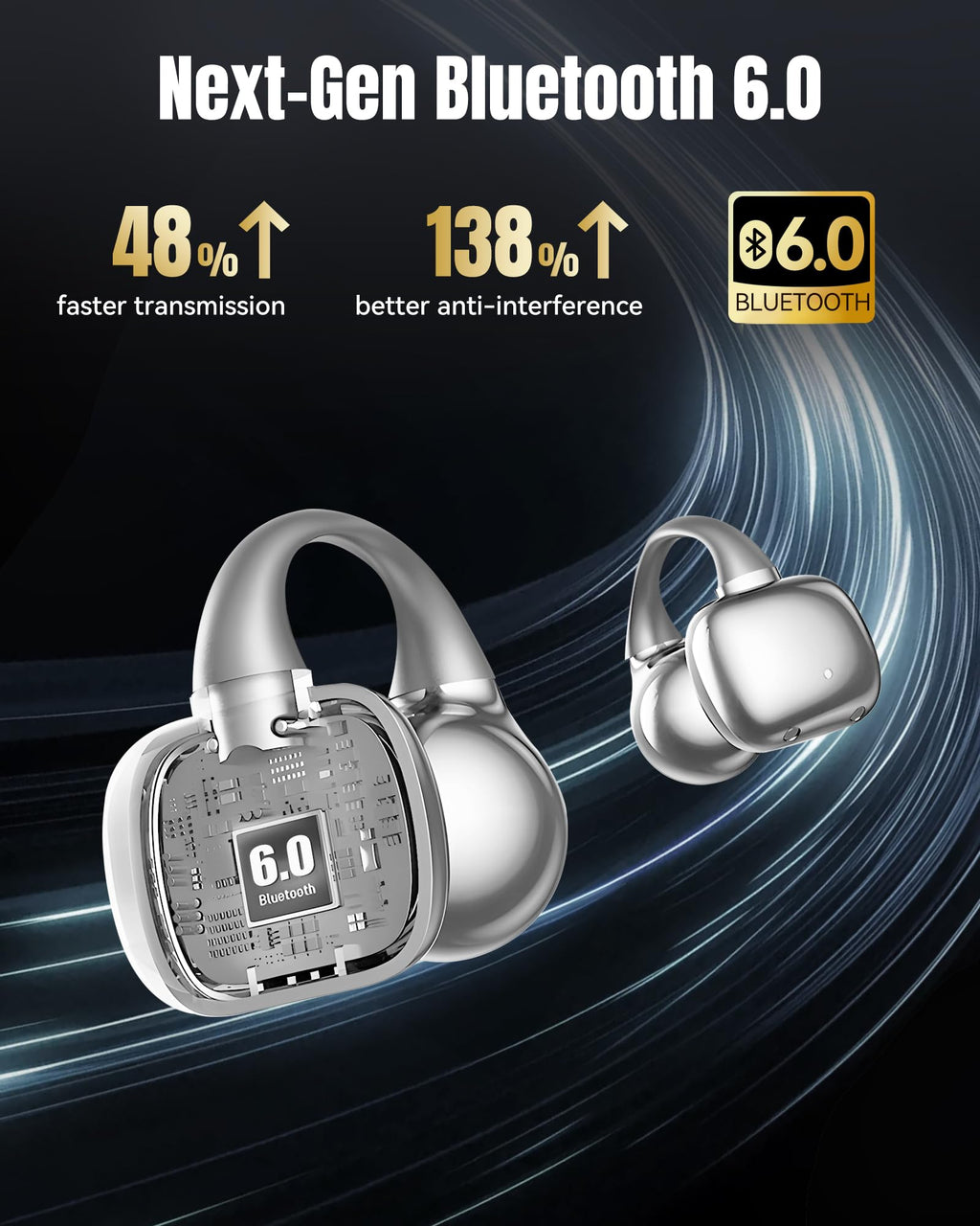 King Lucky Clip-On Earbuds Gen 3, Open-Ear Wireless Bluetooth 6.0 Headphones with Mic, Secure Fit for Small Ears & Glasses Wearers, 50H Playtime, LED Digital Display, ENC, IPX5 Waterproof (Purple)