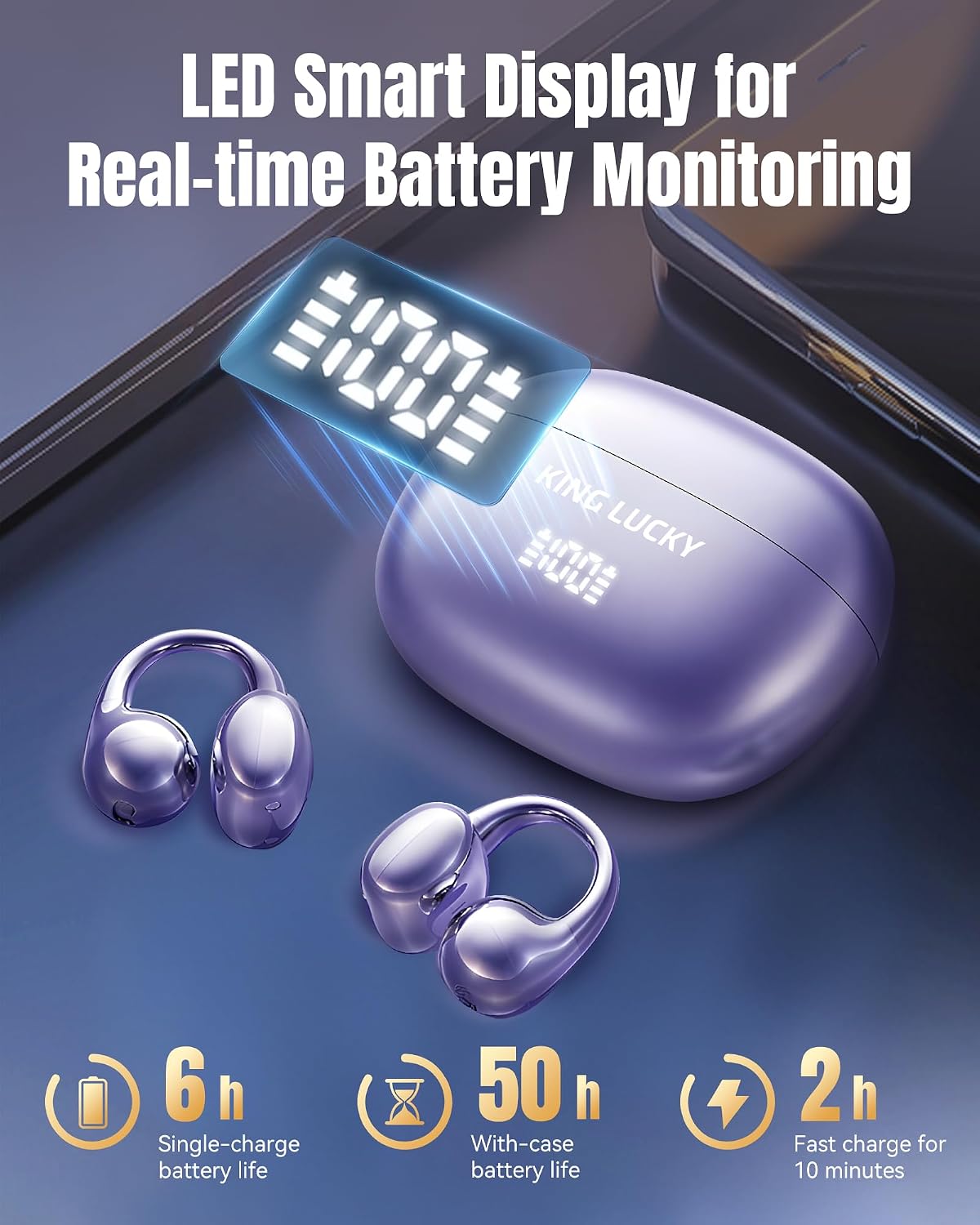 King Lucky Clip-On Earbuds Gen 3, Open-Ear Wireless Bluetooth 6.0 Headphones with Mic, Secure Fit for Small Ears & Glasses Wearers, 50H Playtime, LED Digital Display, ENC, IPX5 Waterproof (Purple)