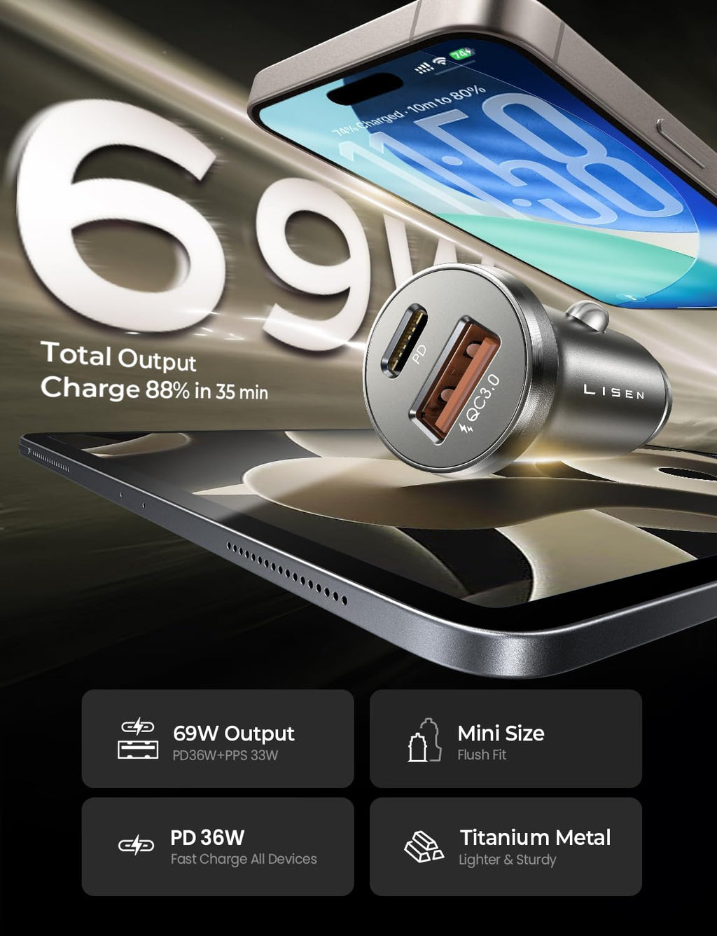 LISEN Car Charger USB C, 69W Cigarette Lighter USB Charger Adapter, 2 Pack