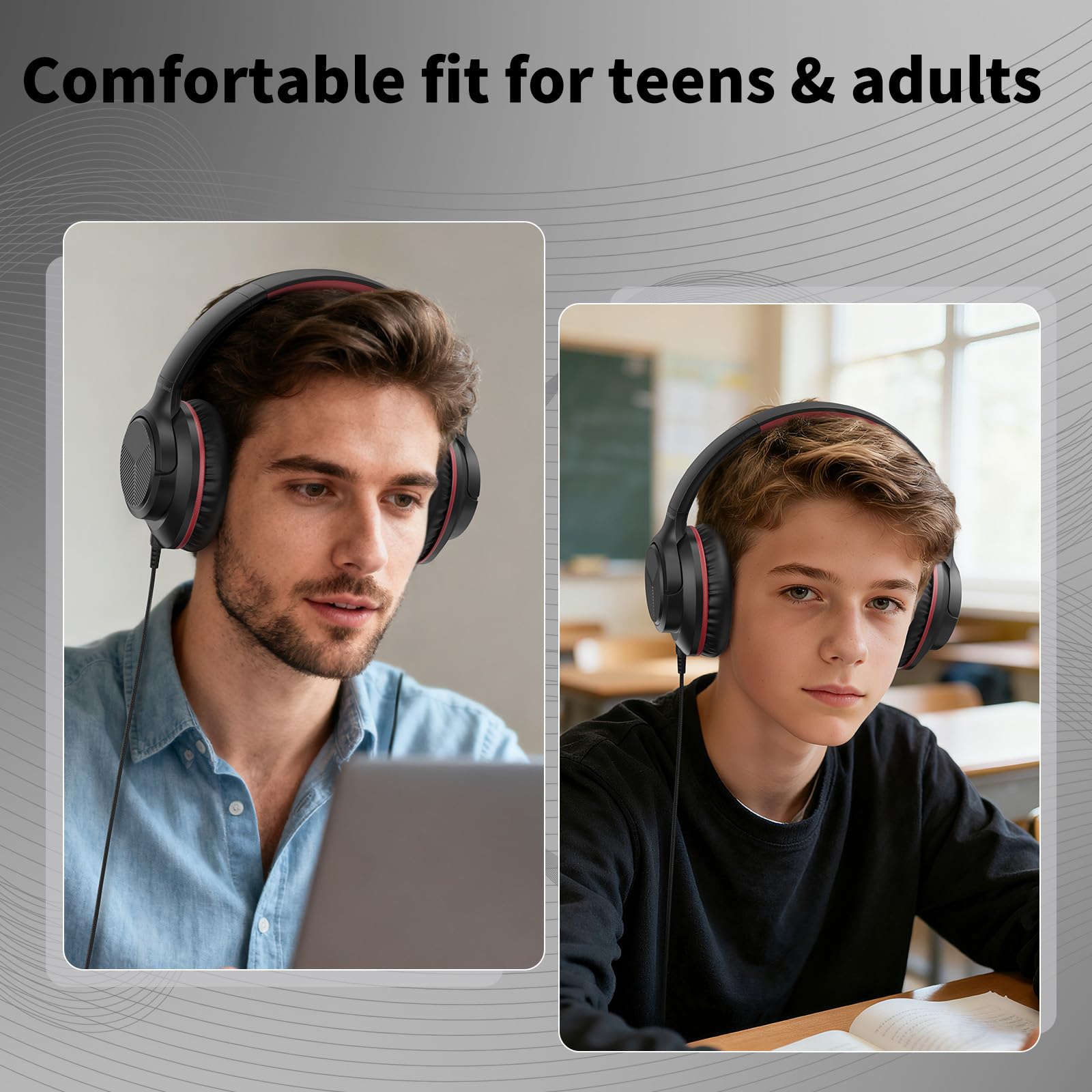Headphones Wired with Microphone for School, 3.5mm Corded Headphones, Black