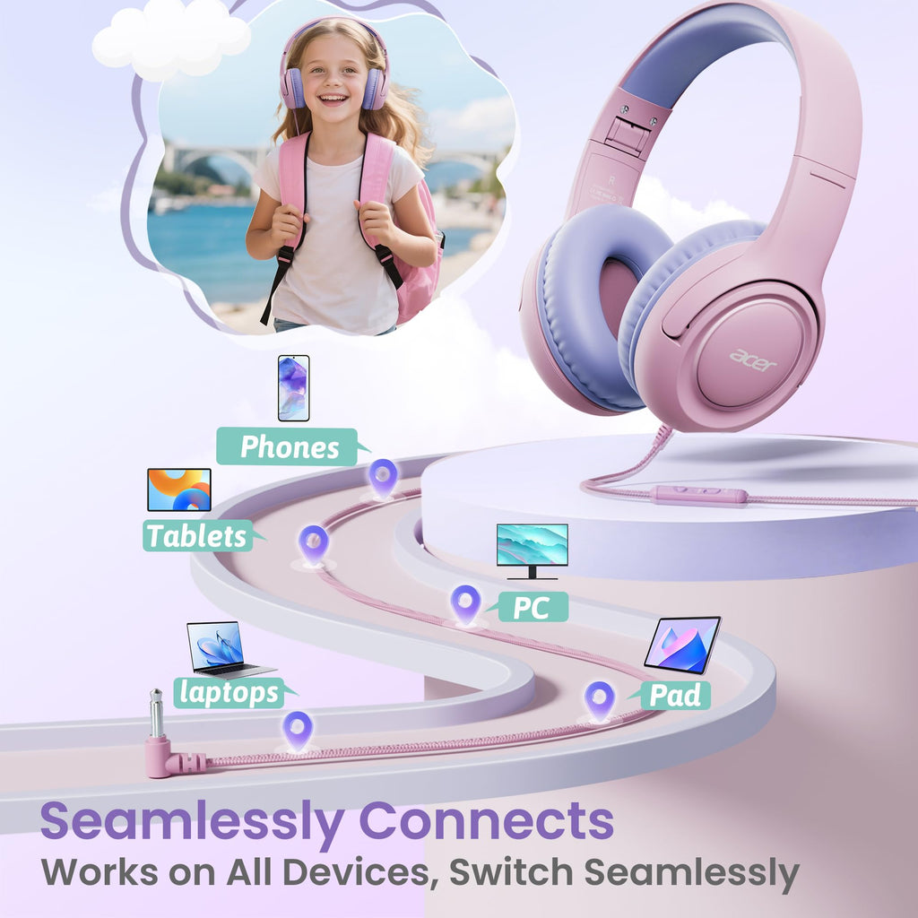 Acer Kids Headphones for School, 85-94dB Limiter, 3.5mm Jack, w/Mic HK03