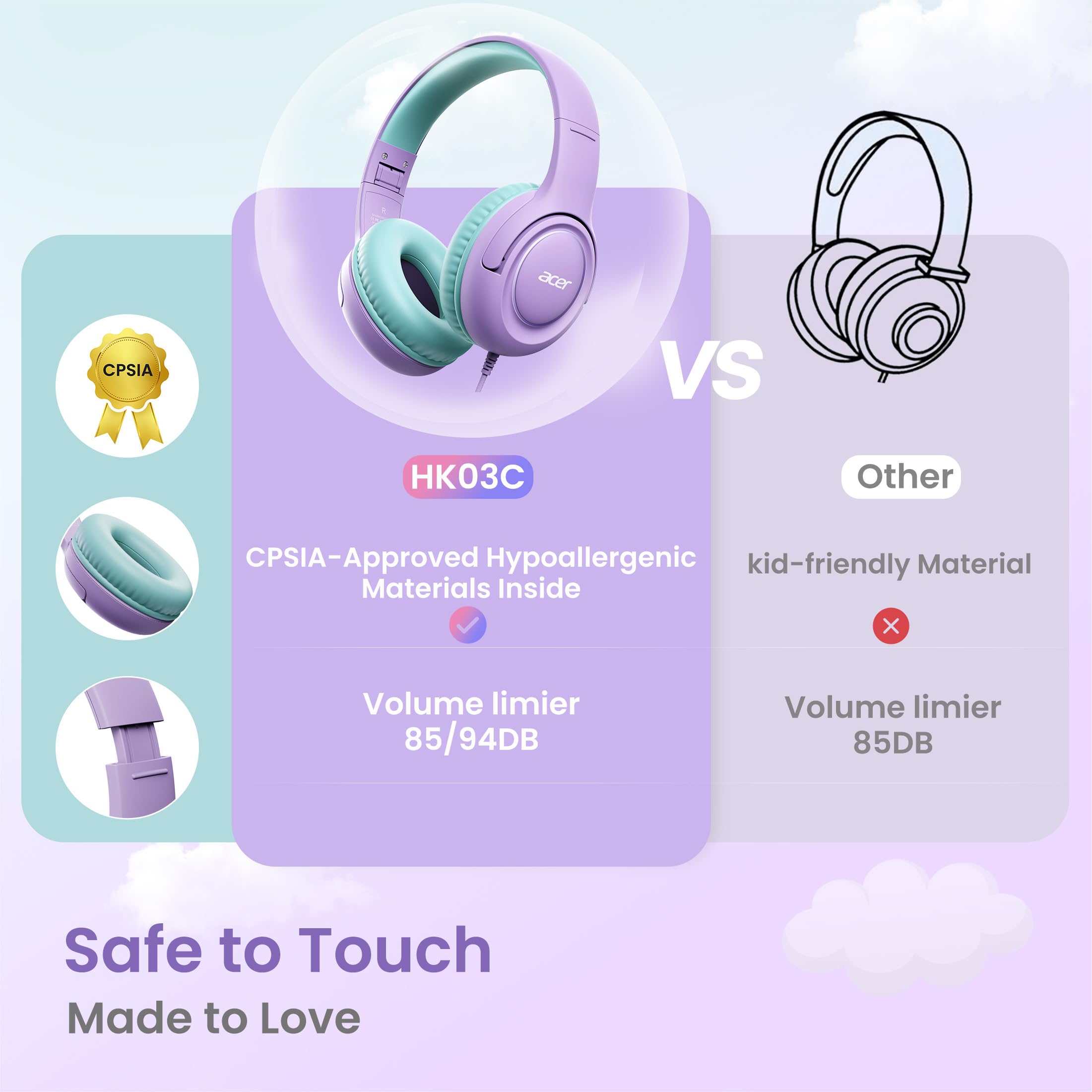 Acer Kids Headphones for School, 85-94dB Limiter, 3.5mm Jack, w/Mic HK03
