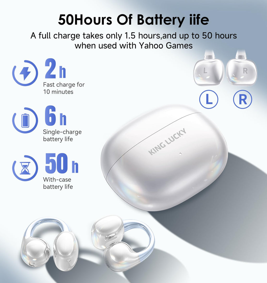 King Lucky Clip-On Earbuds Gen 3, Open-Ear Wireless Bluetooth 6.0 Headphones with Mic, Secure Fit for Small Ears & Glasses Wearers, 50H Playtime, LED Digital Display, ENC, IPX5 Waterproof (Purple)