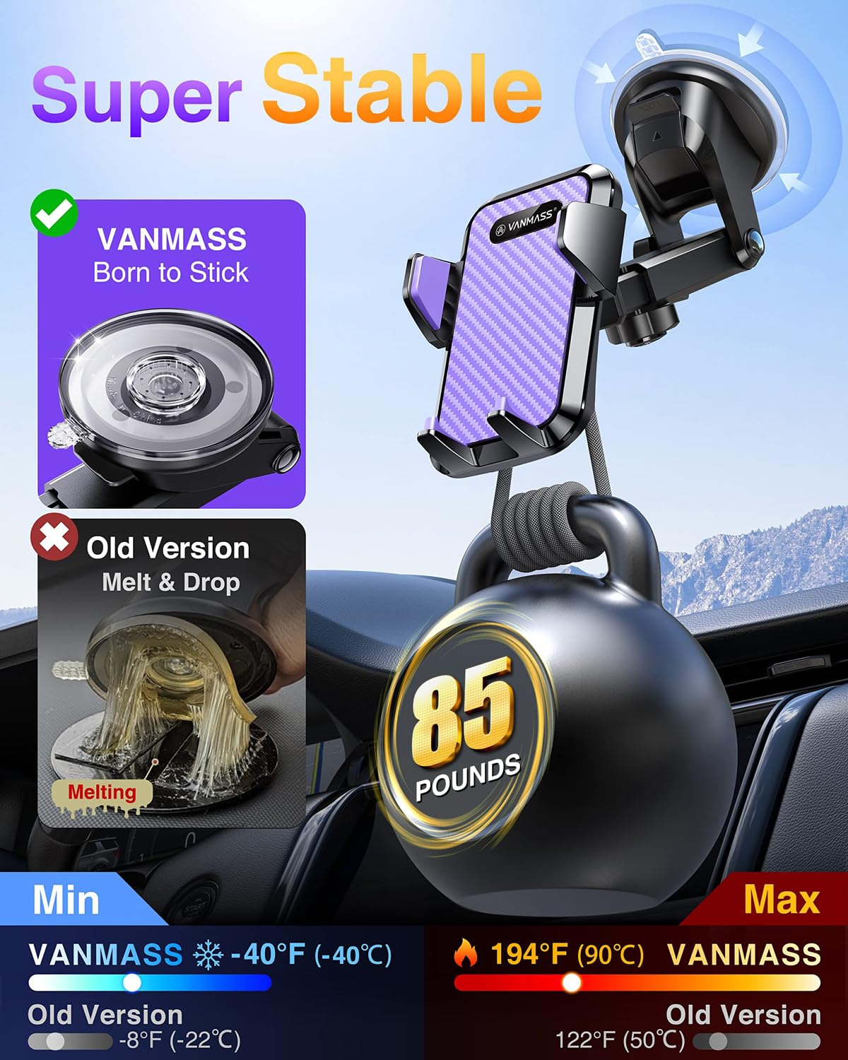 VANMASS【85+LBS Strongest Suction & Military-Grade Ultimate Car Phone Mount