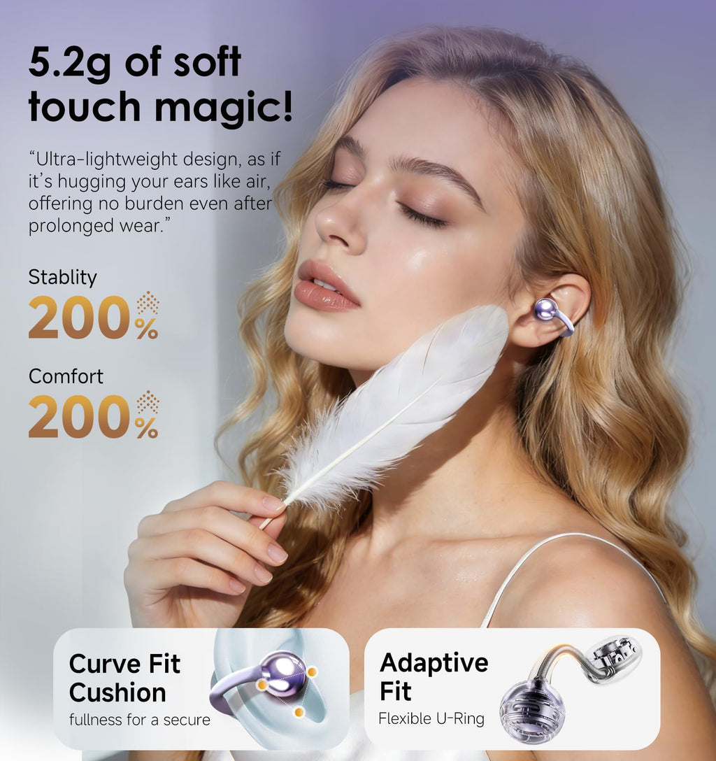 King Lucky Clip-On Earbuds Gen 3, Open-Ear Wireless Bluetooth 6.0 Headphones with Mic, Secure Fit for Small Ears & Glasses Wearers, 50H Playtime, LED Digital Display, ENC, IPX5 Waterproof (Purple)