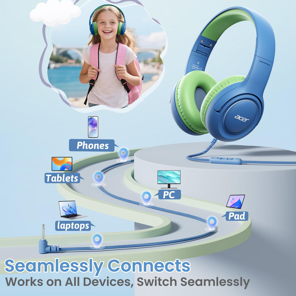 Acer Kids Headphones for School, 85-94dB Limiter, 3.5mm Jack, w/Mic HK03